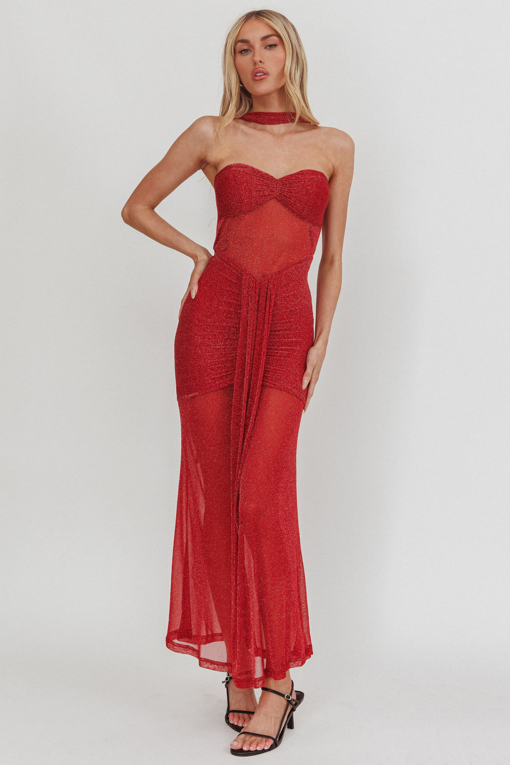 Elma Bandeau Sheer Shimmer Maxi Dress Red by Selfie Leslie Australia