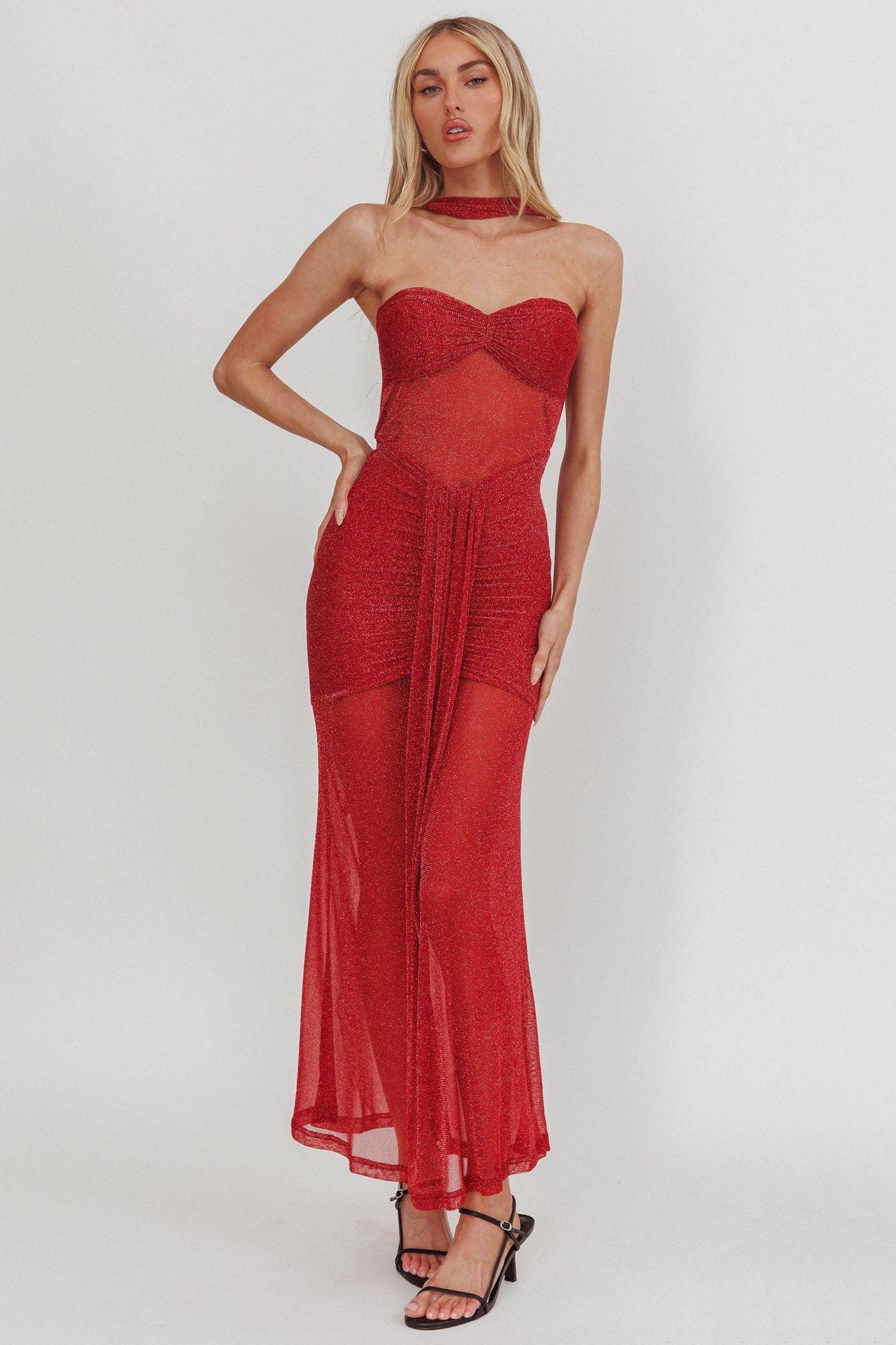 Elma Bandeau Sheer Shimmer Maxi Dress Red by Selfie Leslie Australia