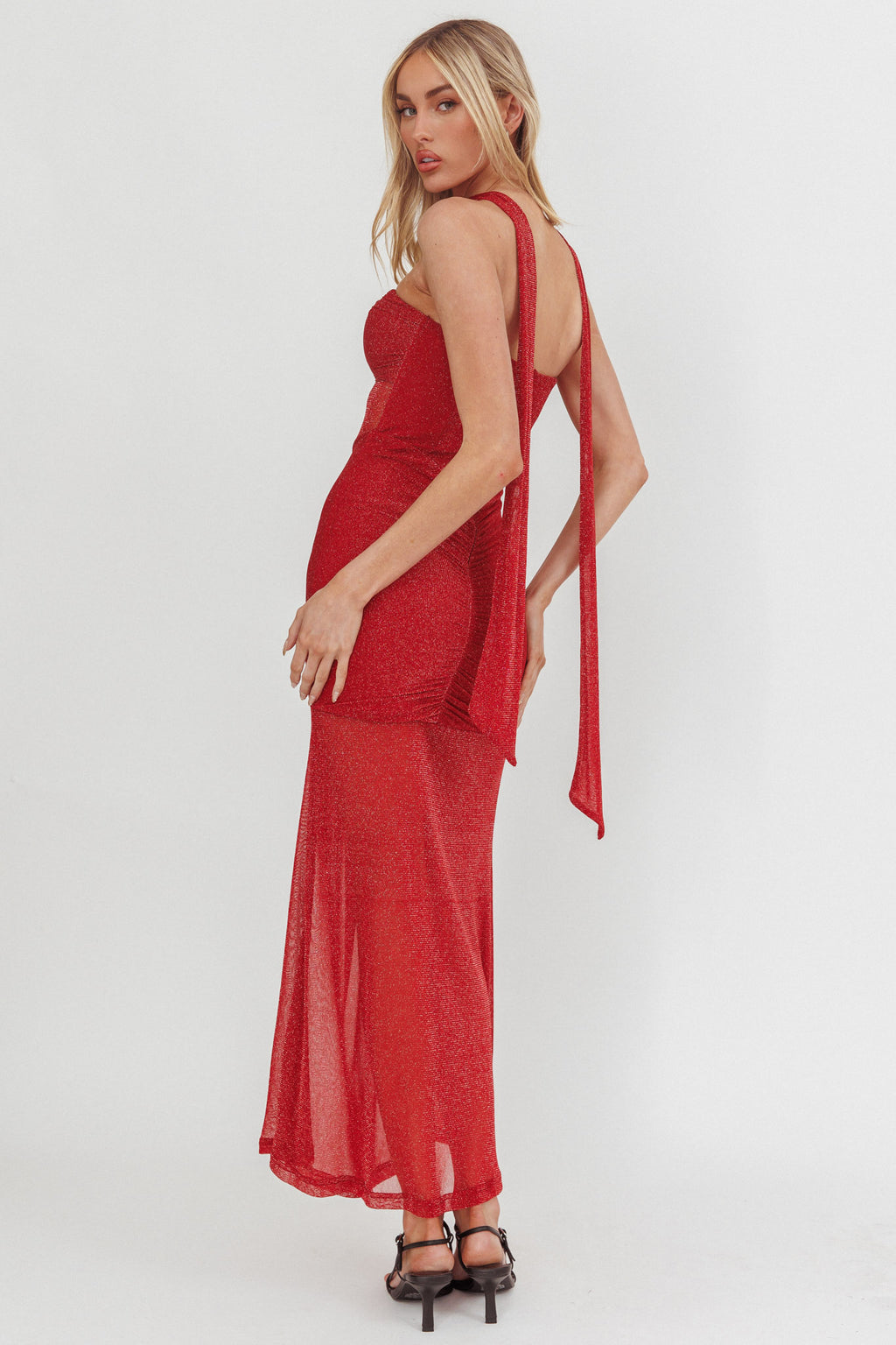 Elma Bandeau Sheer Shimmer Maxi Dress Red by Selfie Leslie Australia