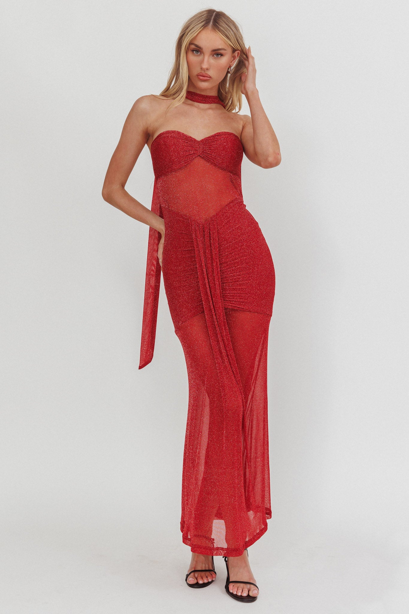 Elma Bandeau Sheer Shimmer Maxi Dress Red by Selfie Leslie Australia