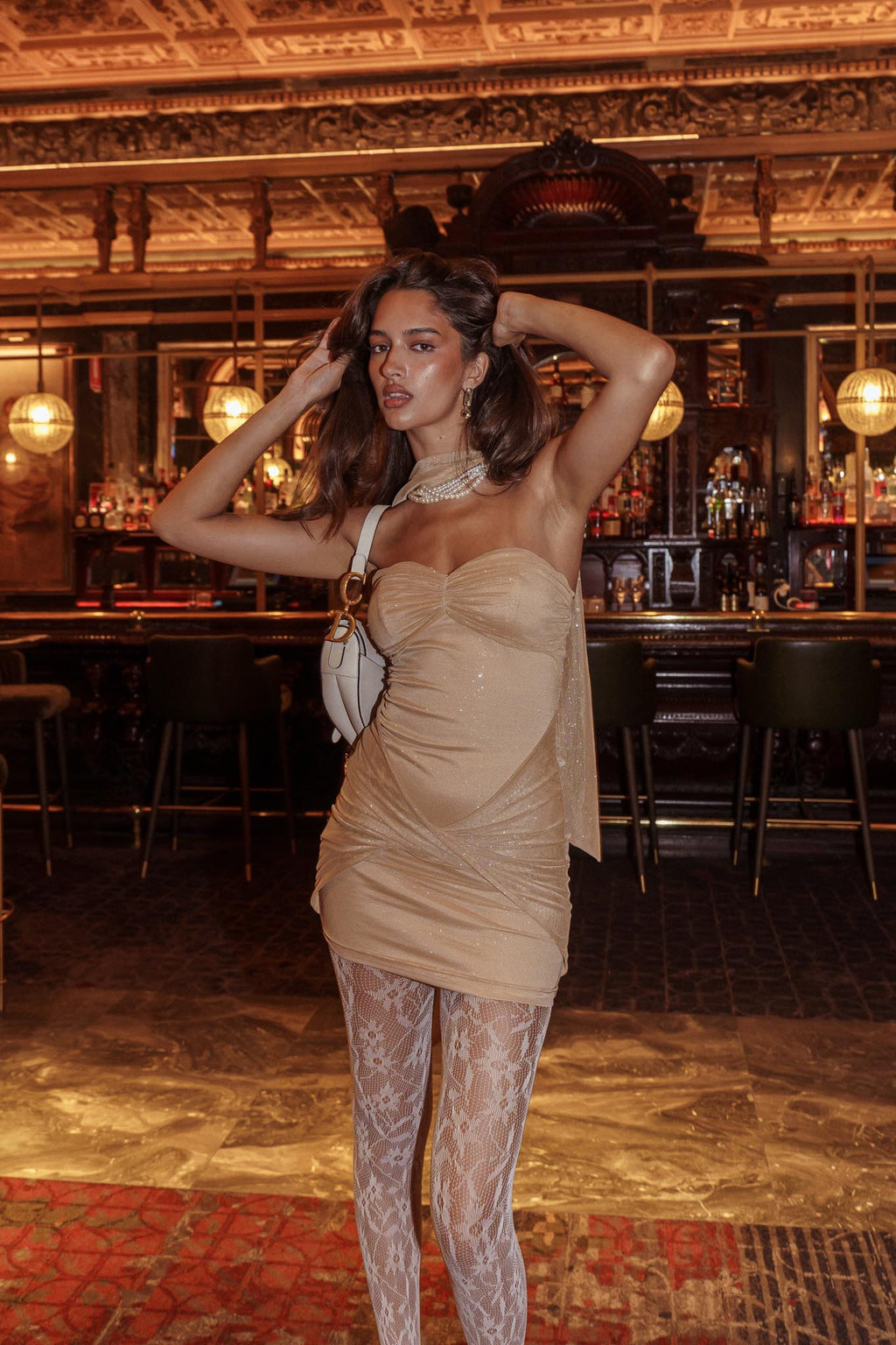 Elma Bandeau Neck Tie Mini Dress Gold by Selfie Leslie Australia
