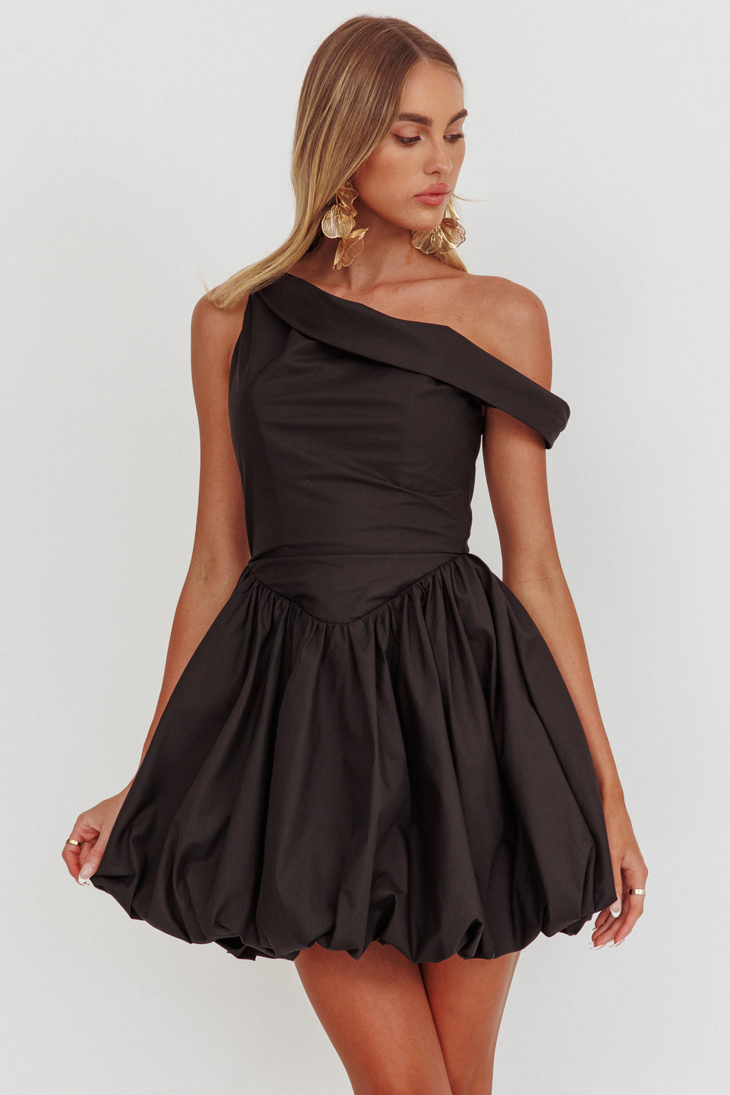 Celinda Asymmetric Neckline Balloon Mini Dress Black by Selfie Leslie Australia