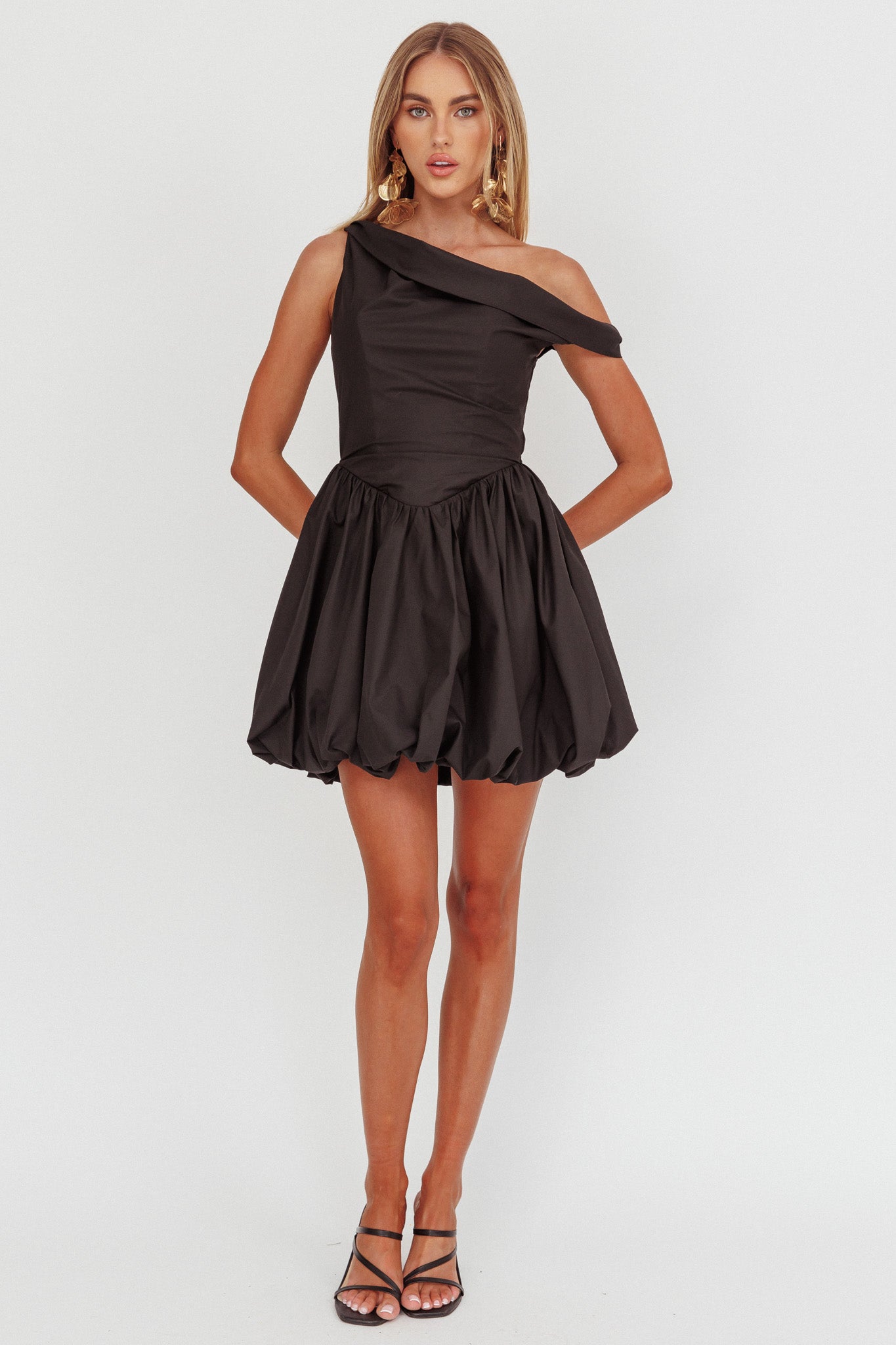Celinda Asymmetric Neckline Balloon Mini Dress Black by Selfie Leslie Australia