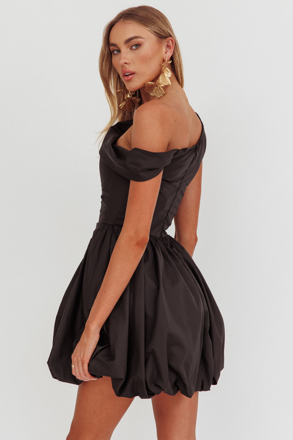 Celinda Asymmetric Neckline Balloon Mini Dress Black by Selfie Leslie Australia
