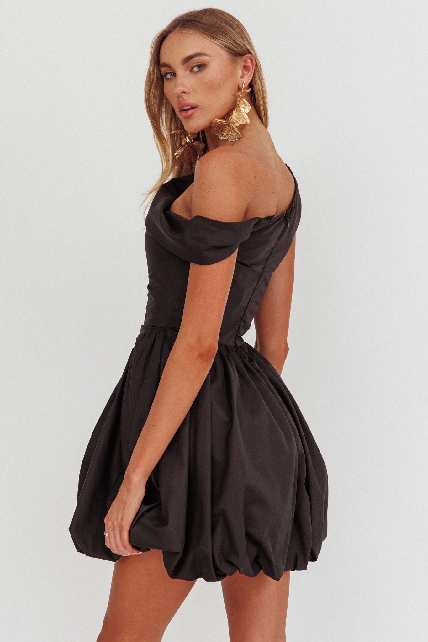 Celinda Asymmetric Neckline Balloon Mini Dress Black by Selfie Leslie Australia