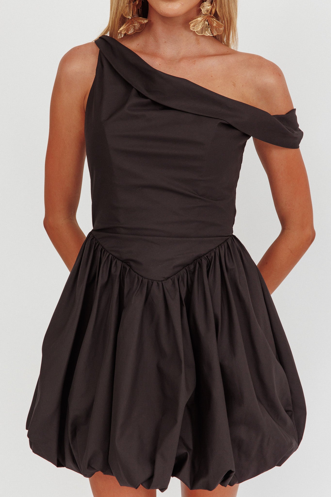 Celinda Asymmetric Neckline Balloon Mini Dress Black by Selfie Leslie Australia
