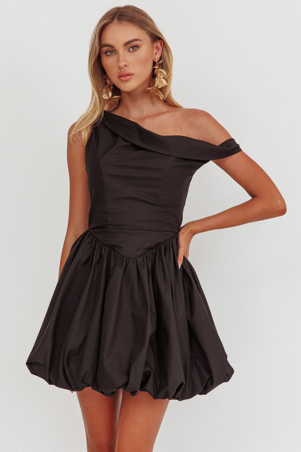 Celinda Asymmetric Neckline Balloon Mini Dress Black by Selfie Leslie Australia