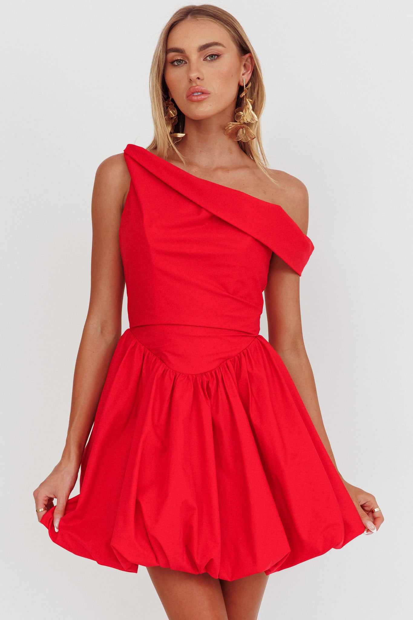 Celinda Asymmetric Neckline Balloon Mini Dress Red by Selfie Leslie Australia