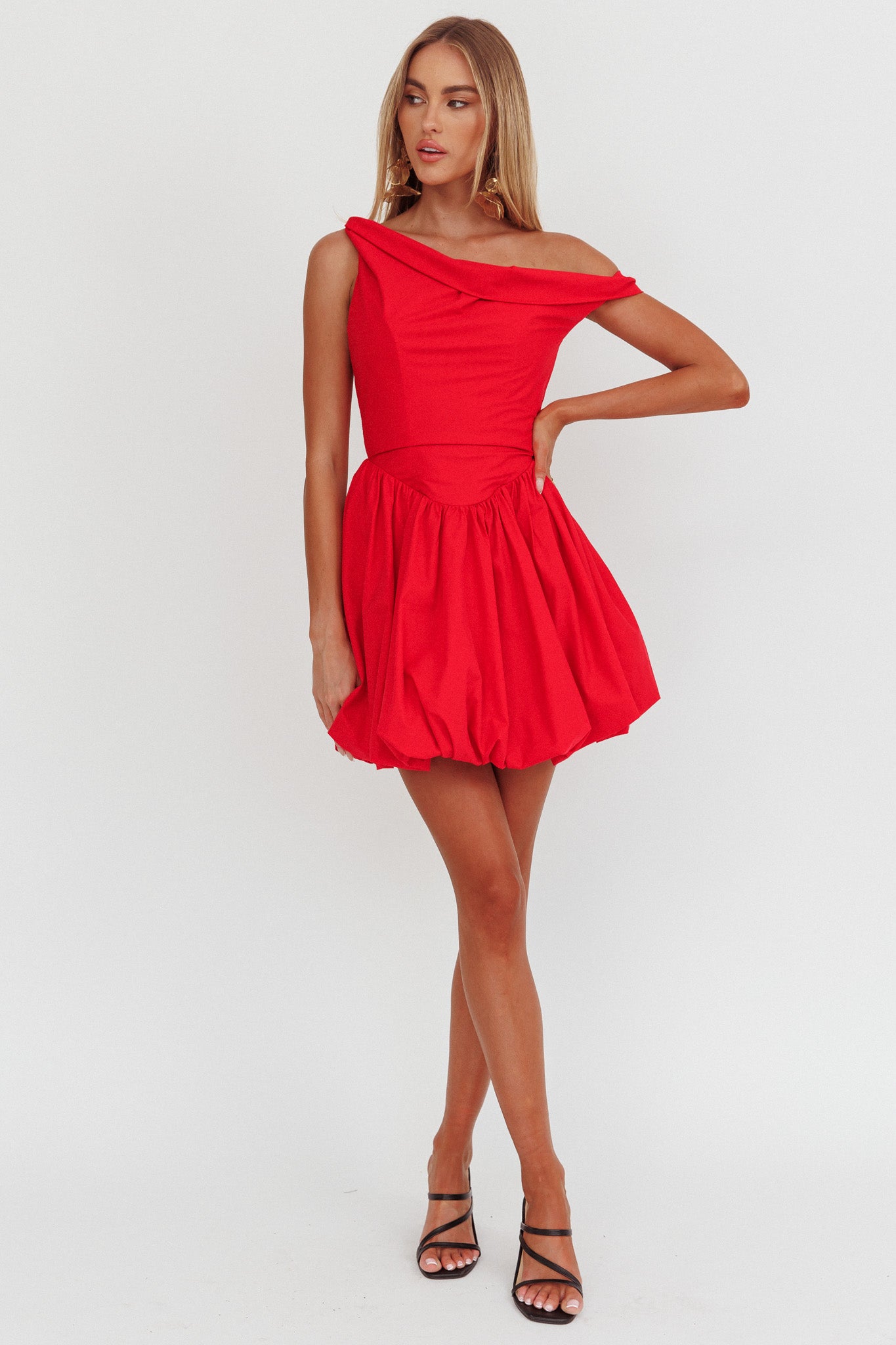 Celinda Asymmetric Neckline Balloon Mini Dress Red by Selfie Leslie Australia