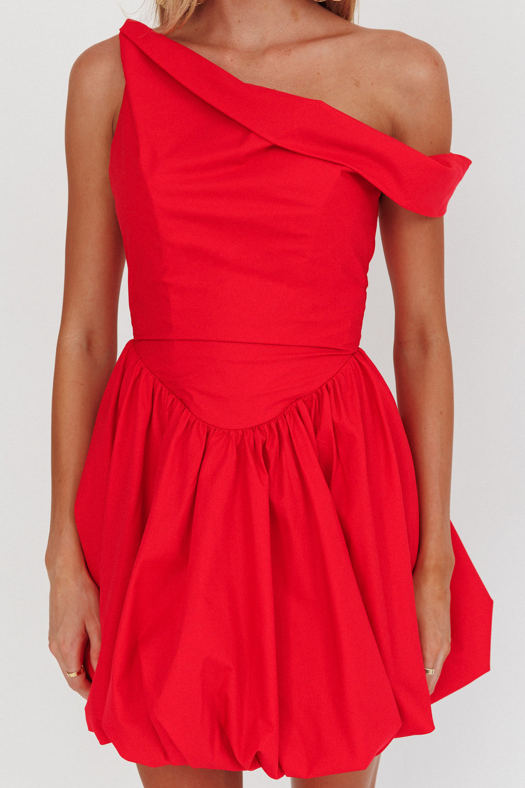 Celinda Asymmetric Neckline Balloon Mini Dress Red by Selfie Leslie Australia