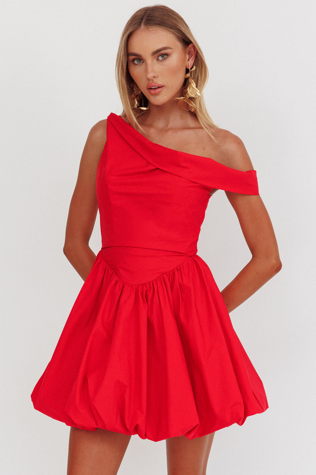 Celinda Asymmetric Neckline Balloon Mini Dress Red by Selfie Leslie Australia