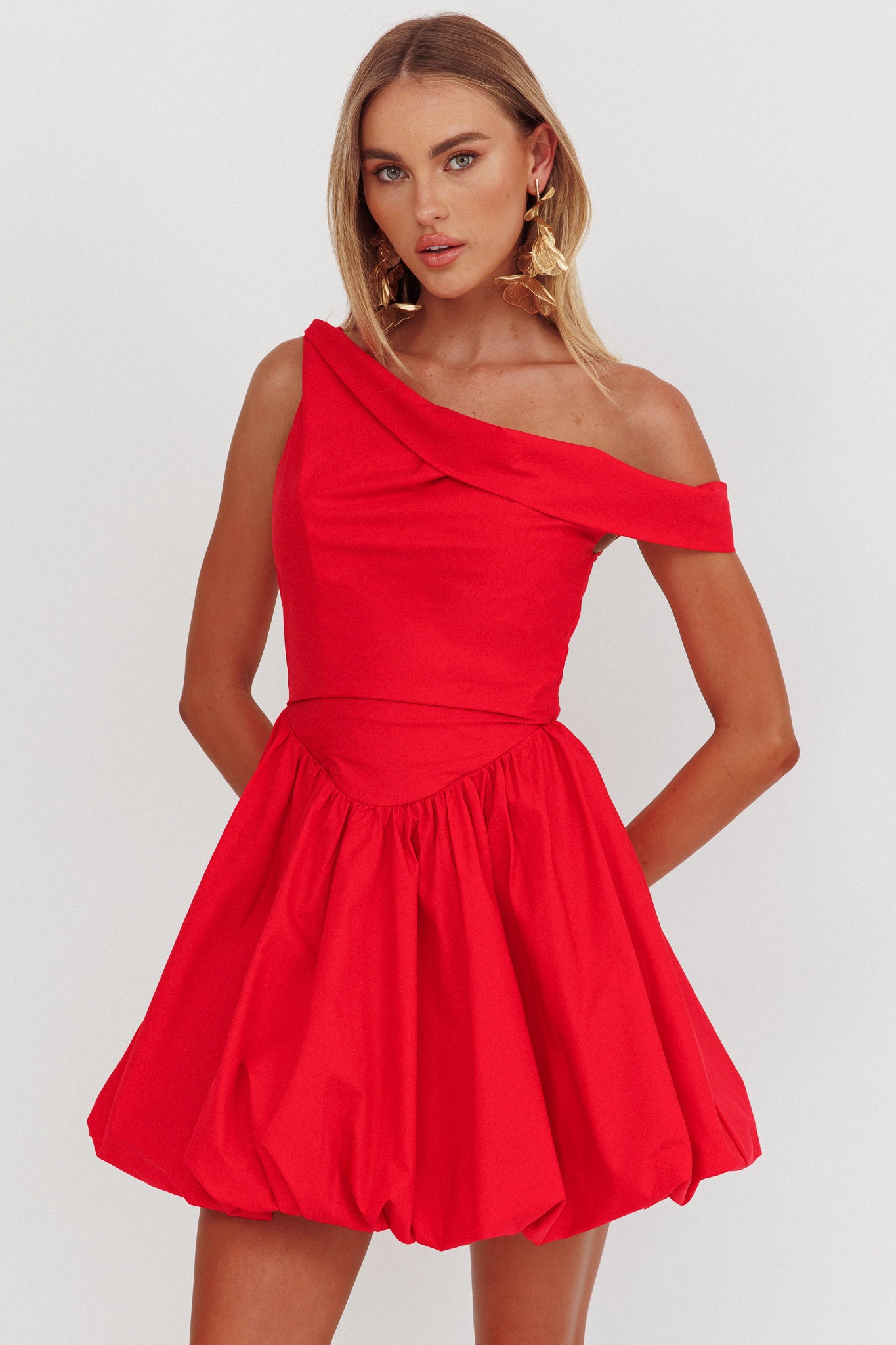 Celinda Asymmetric Neckline Balloon Mini Dress Red by Selfie Leslie Australia