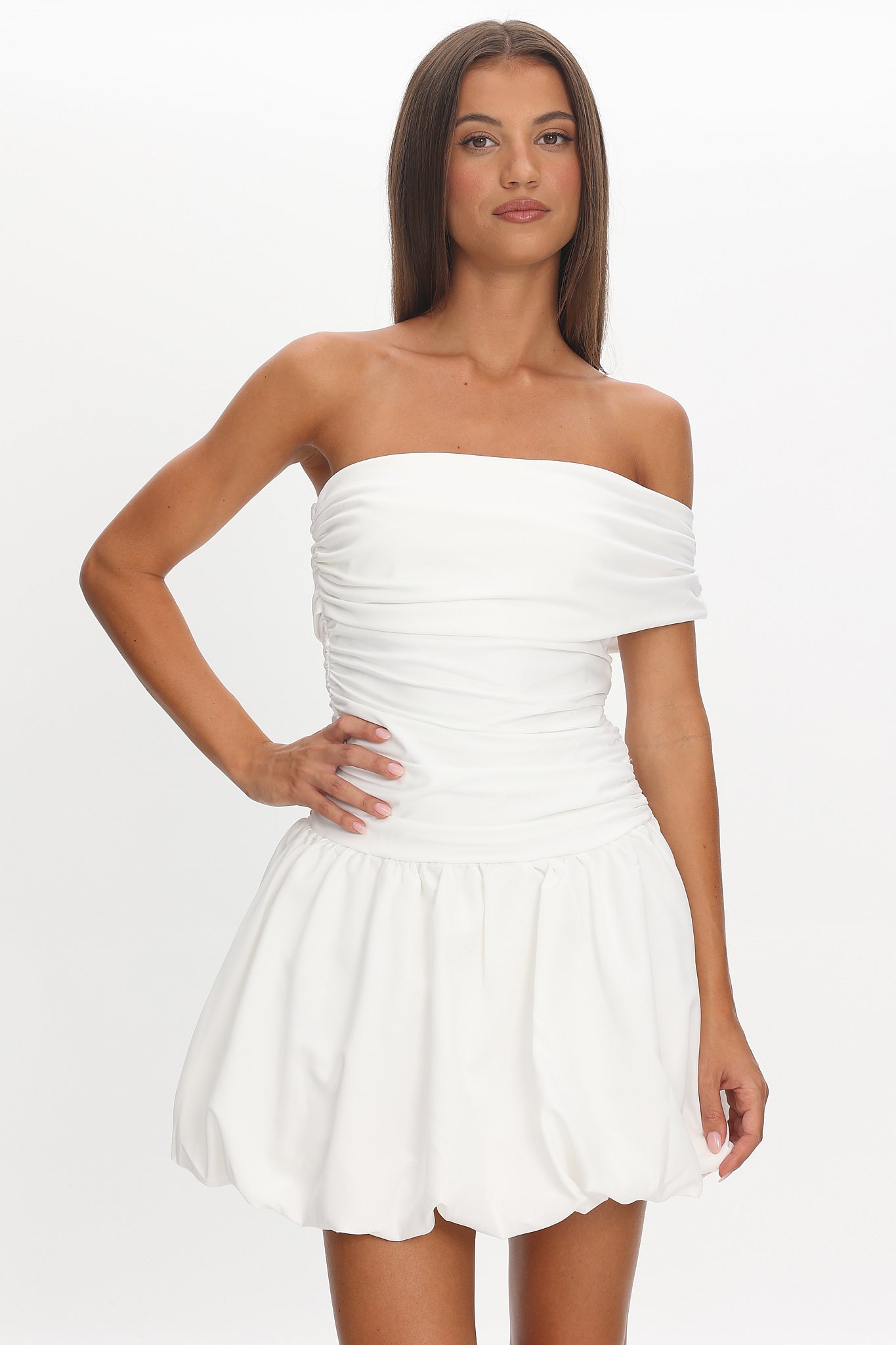 Dalayla One-Sleeve Balloon Skirt Mini Dress White by Selfie Leslie Australia