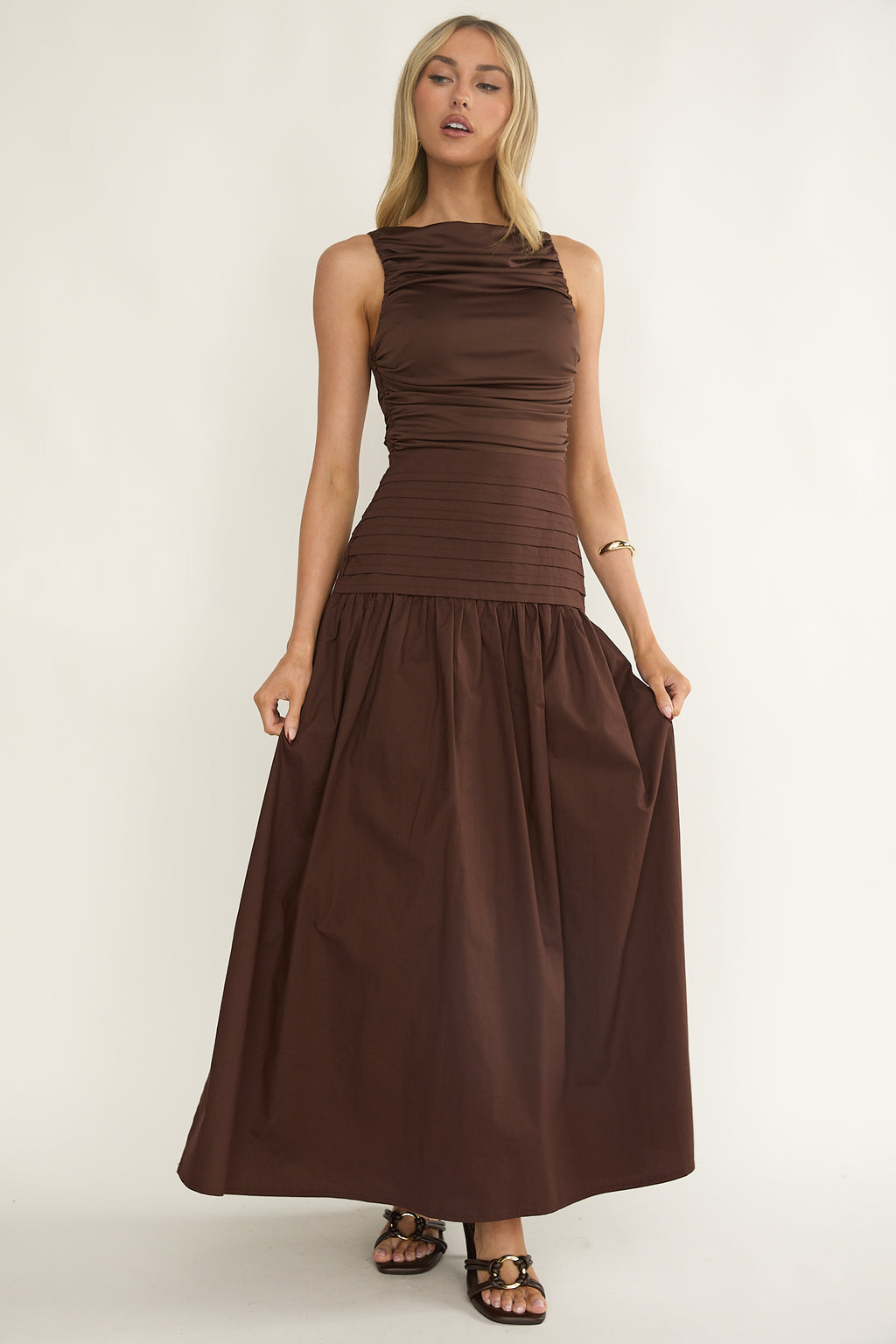Eira Pintuck Pleat Drop Waist Maxi Dress Chocolate by Selfie Leslie Australia