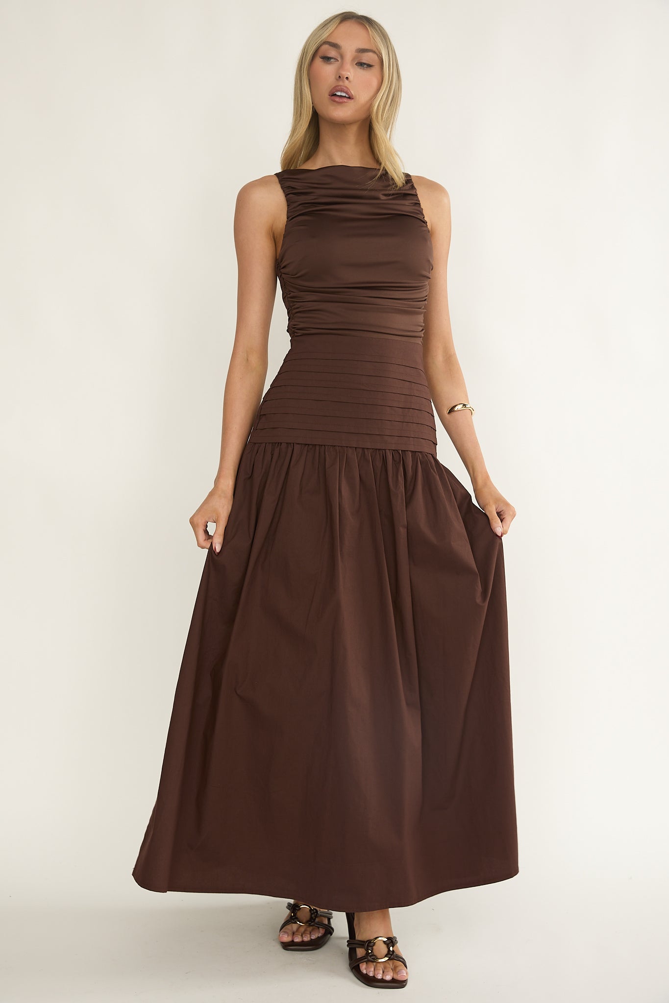 Eira Pintuck Pleat Drop Waist Maxi Dress Chocolate by Selfie Leslie Australia