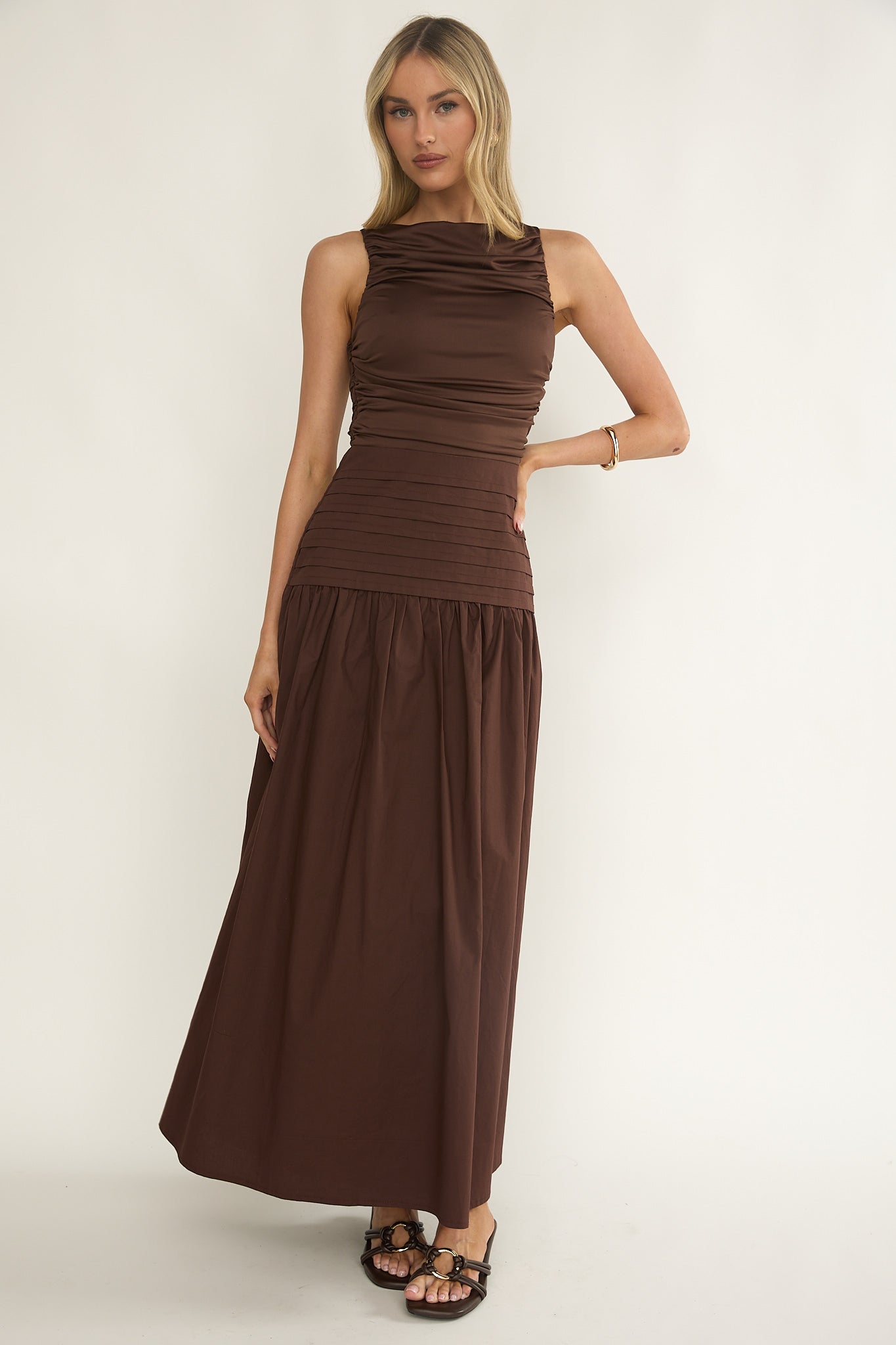 Eira Pintuck Pleat Drop Waist Maxi Dress Chocolate by Selfie Leslie Australia
