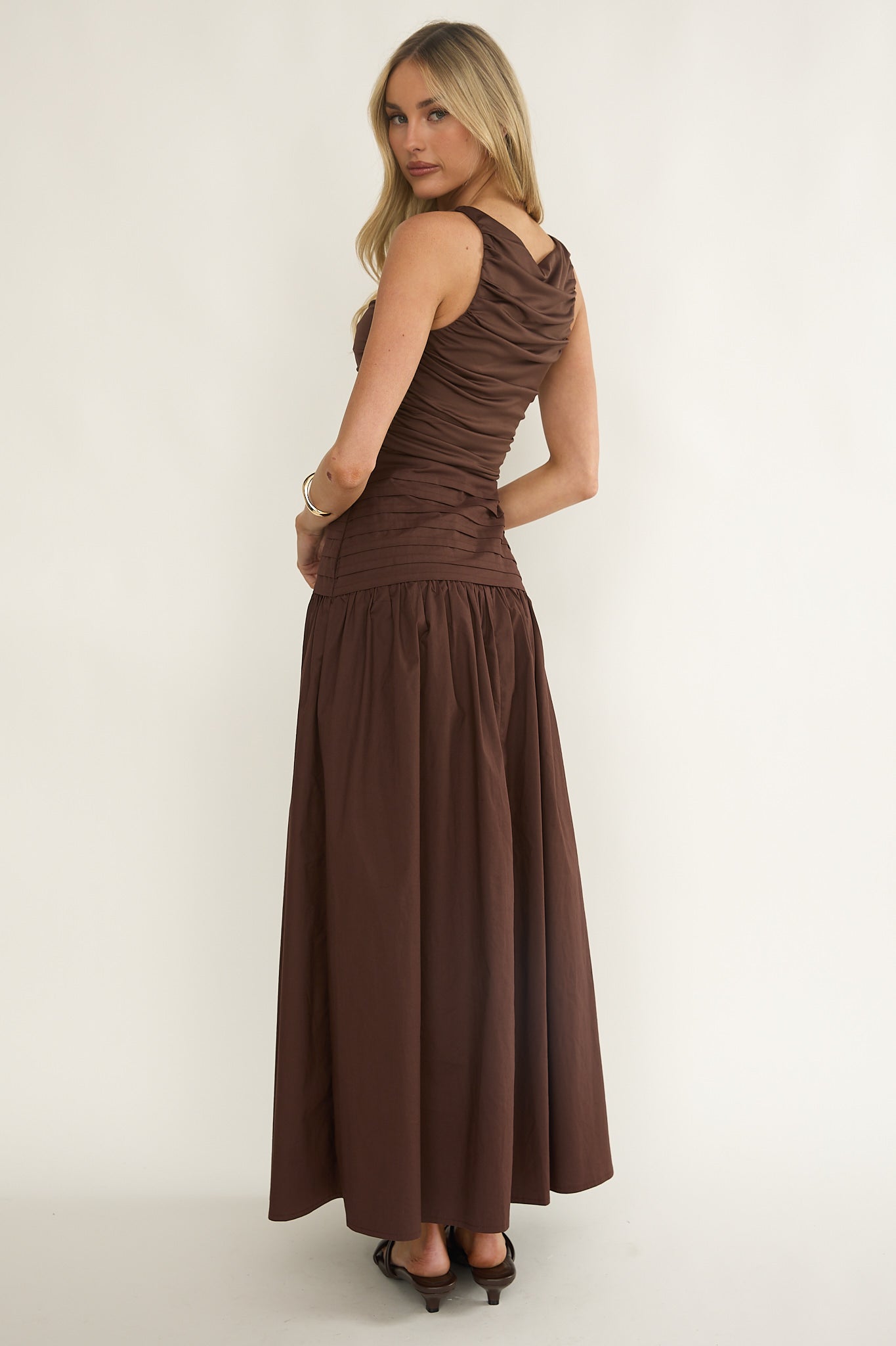Eira Pintuck Pleat Drop Waist Maxi Dress Chocolate by Selfie Leslie Australia