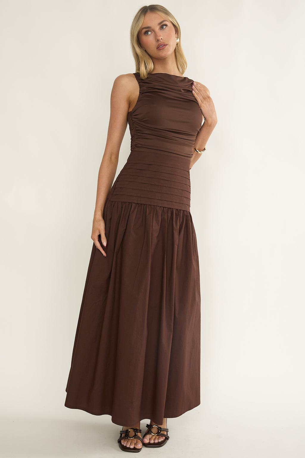 Eira Pintuck Pleat Drop Waist Maxi Dress Chocolate by Selfie Leslie Australia