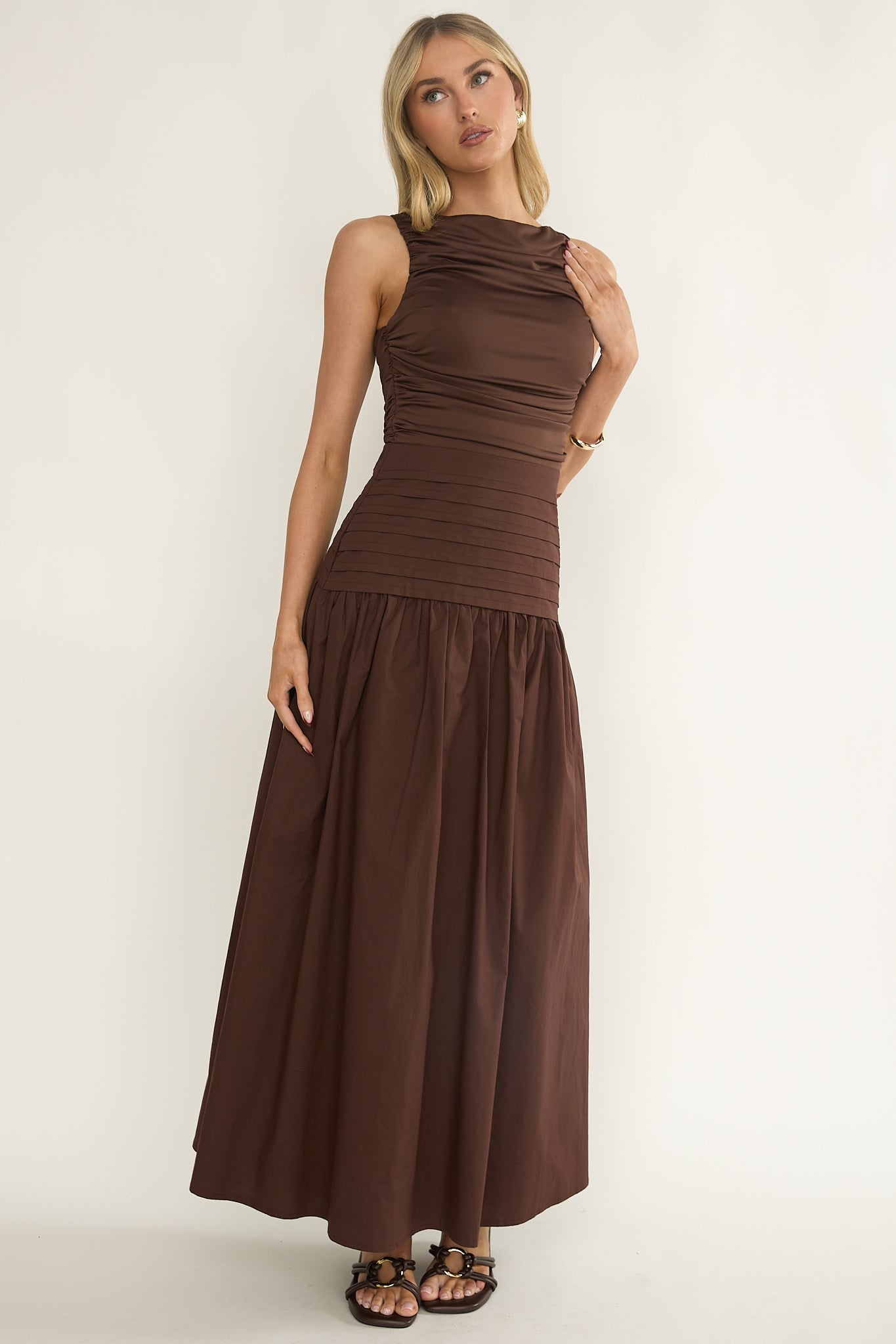 Eira Pintuck Pleat Drop Waist Maxi Dress Chocolate by Selfie Leslie Australia