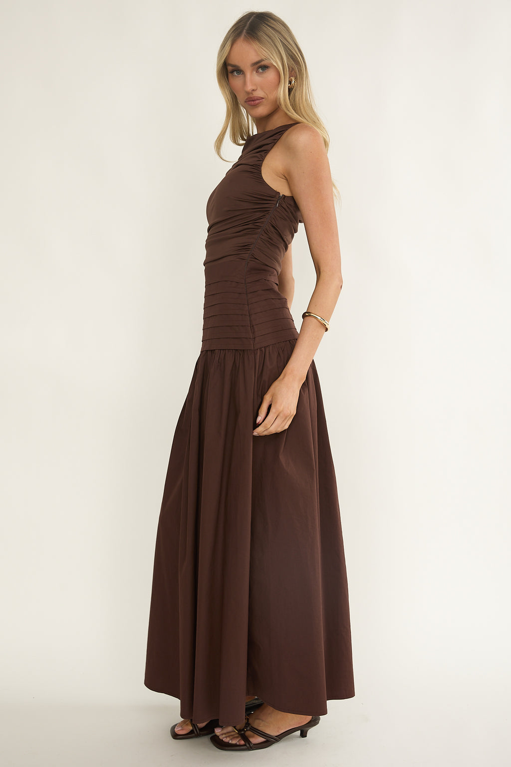 Eira Pintuck Pleat Drop Waist Maxi Dress Chocolate by Selfie Leslie Australia