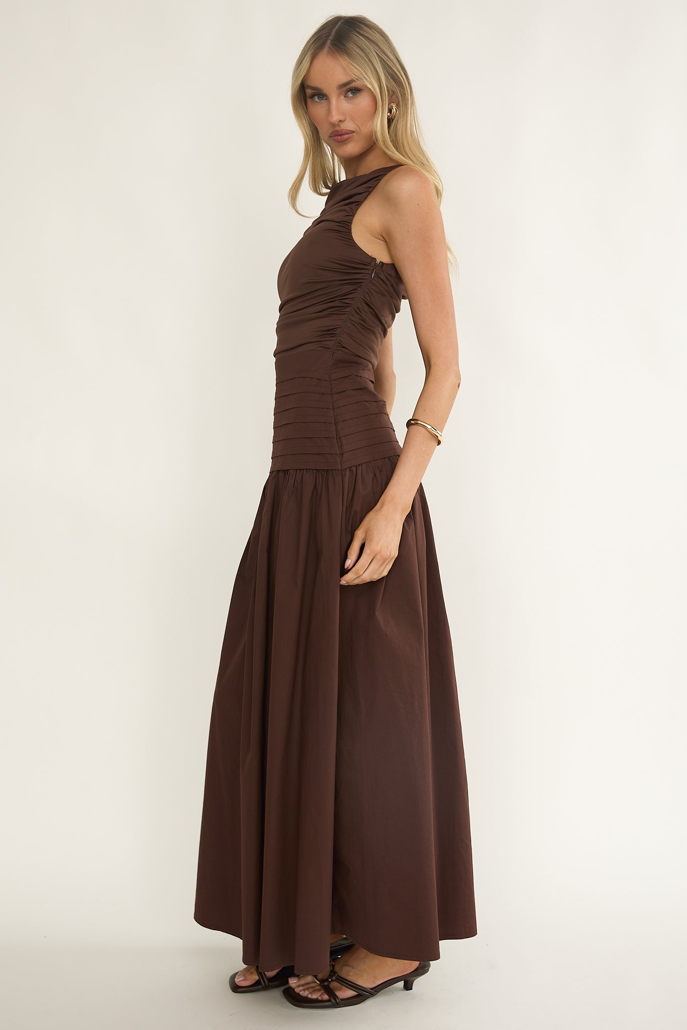 Eira Pintuck Pleat Drop Waist Maxi Dress Chocolate by Selfie Leslie Australia