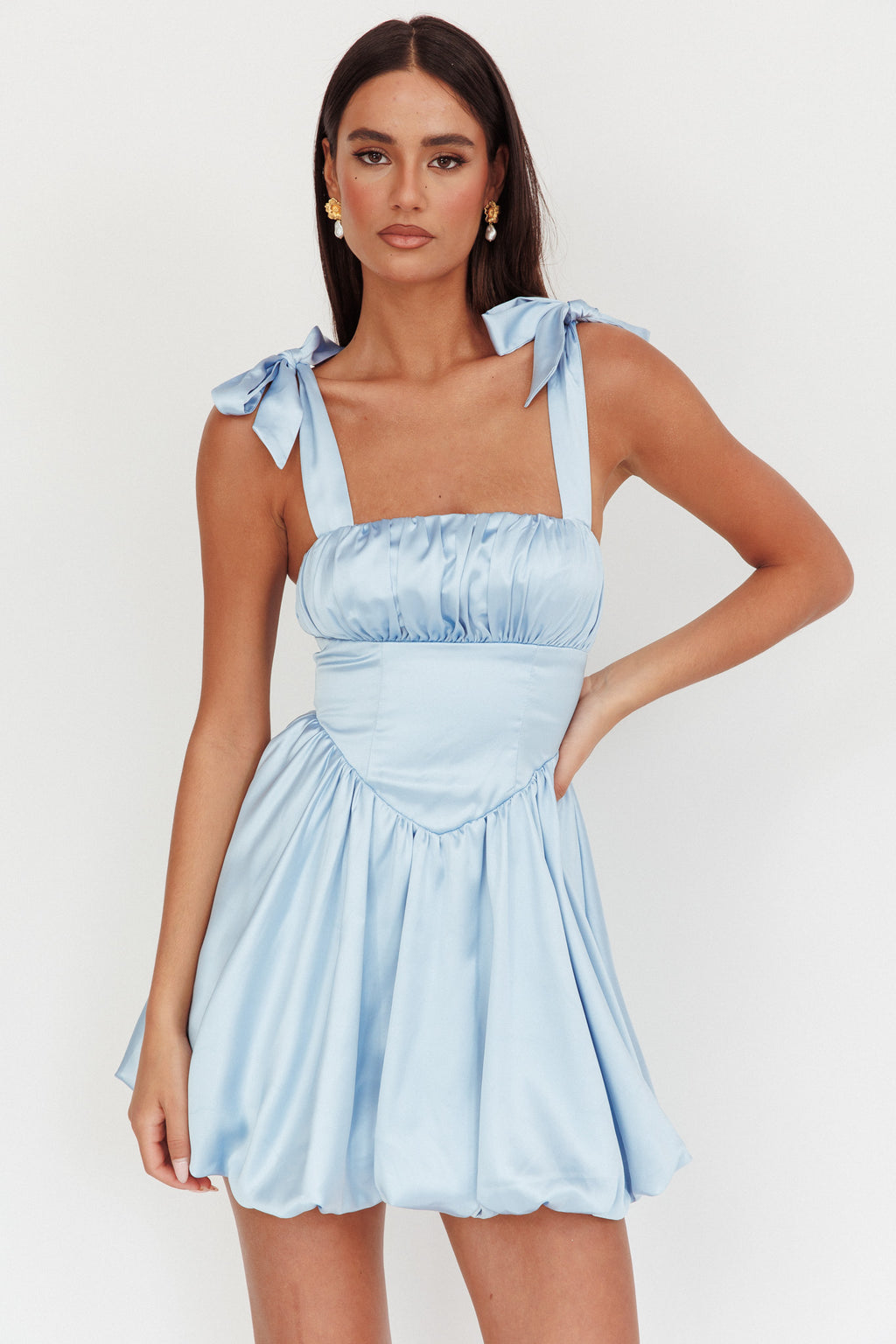 Just Magic Tied Shoulder Bubble Hem Mini Dress Baby Blue by Selfie Leslie Australia