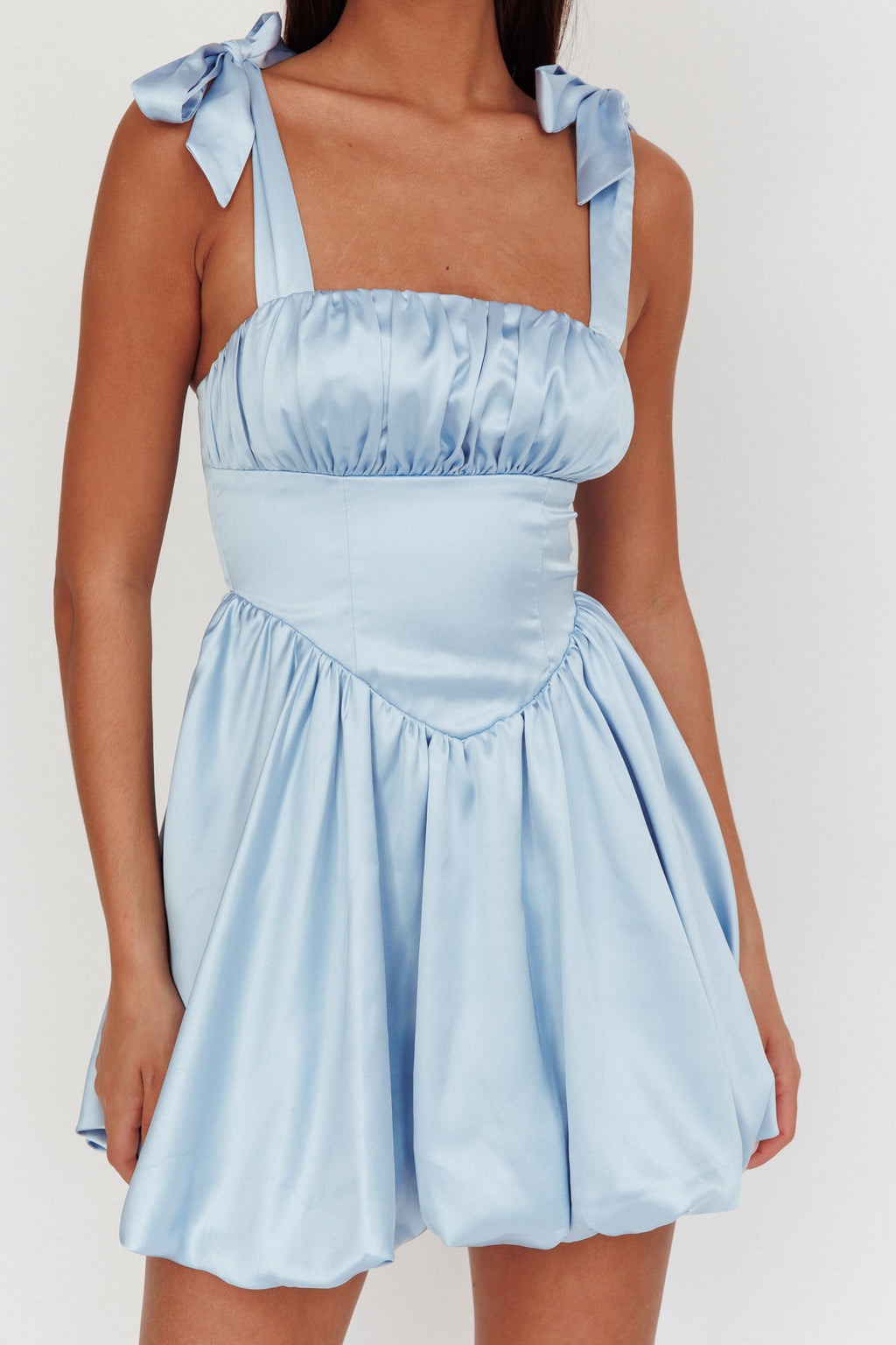 Just Magic Tied Shoulder Bubble Hem Mini Dress Baby Blue by Selfie Leslie Australia