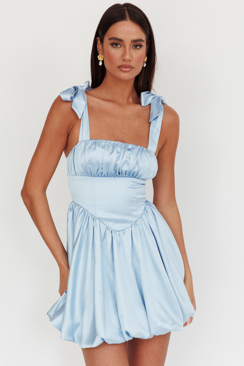 Just Magic Tied Shoulder Bubble Hem Mini Dress Baby Blue by Selfie Leslie Australia