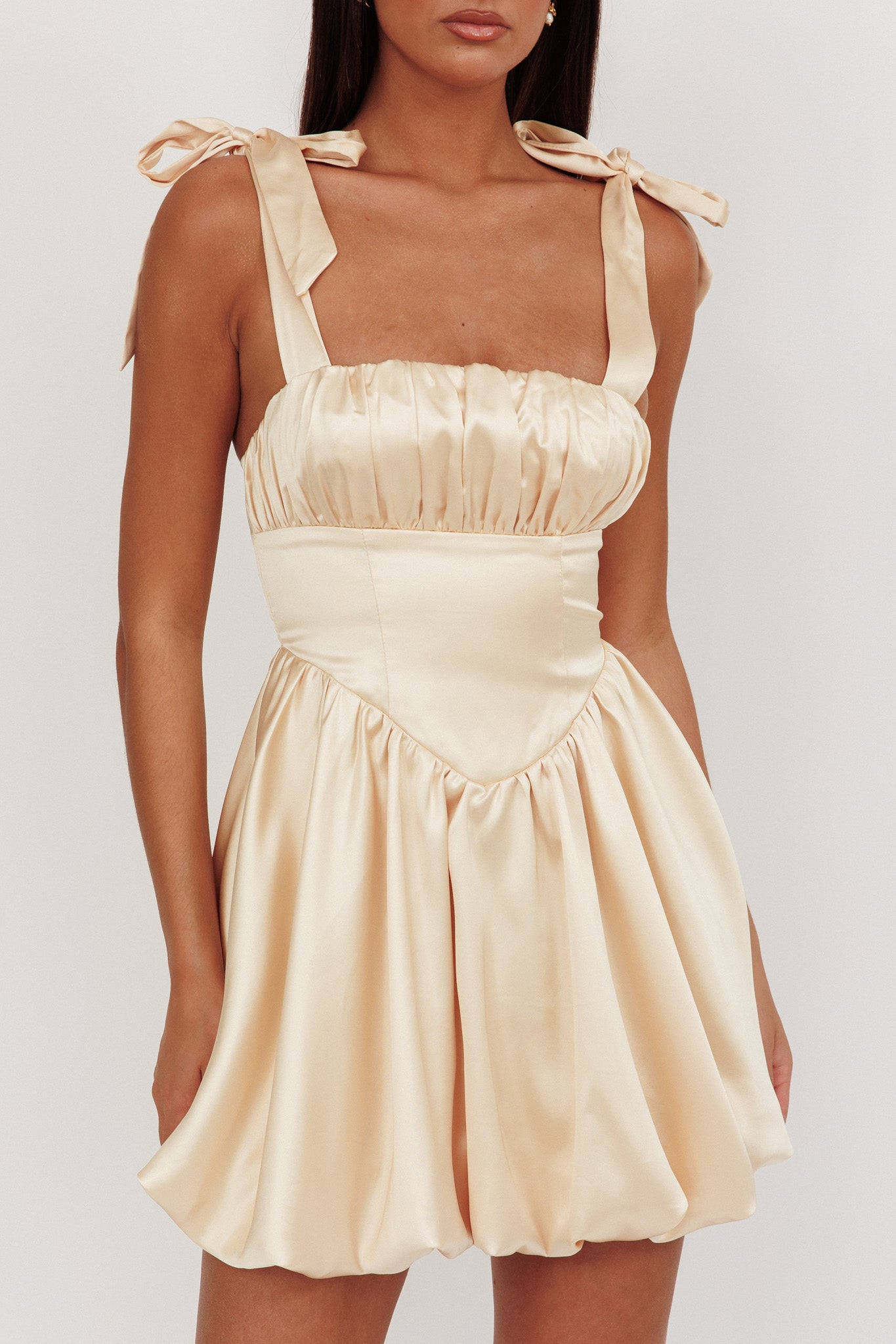 Just Magic Tied Shoulder Bubble Hem Mini Dress Butter by Selfie Leslie Australia
