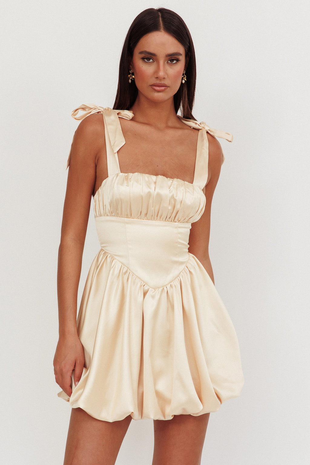 Just Magic Tied Shoulder Bubble Hem Mini Dress Butter by Selfie Leslie Australia