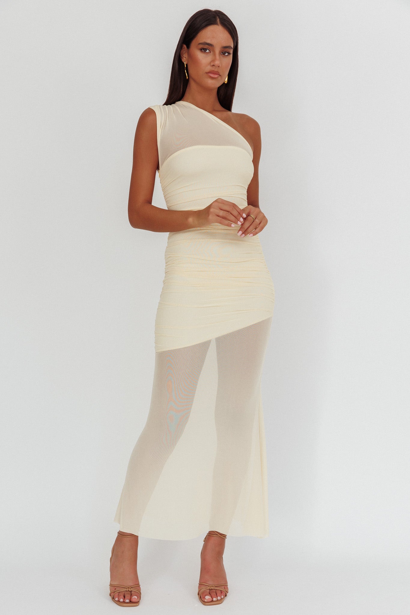 Verity One-Shoulder Sheer Maxi Dress Butter by Selfie Leslie Australia