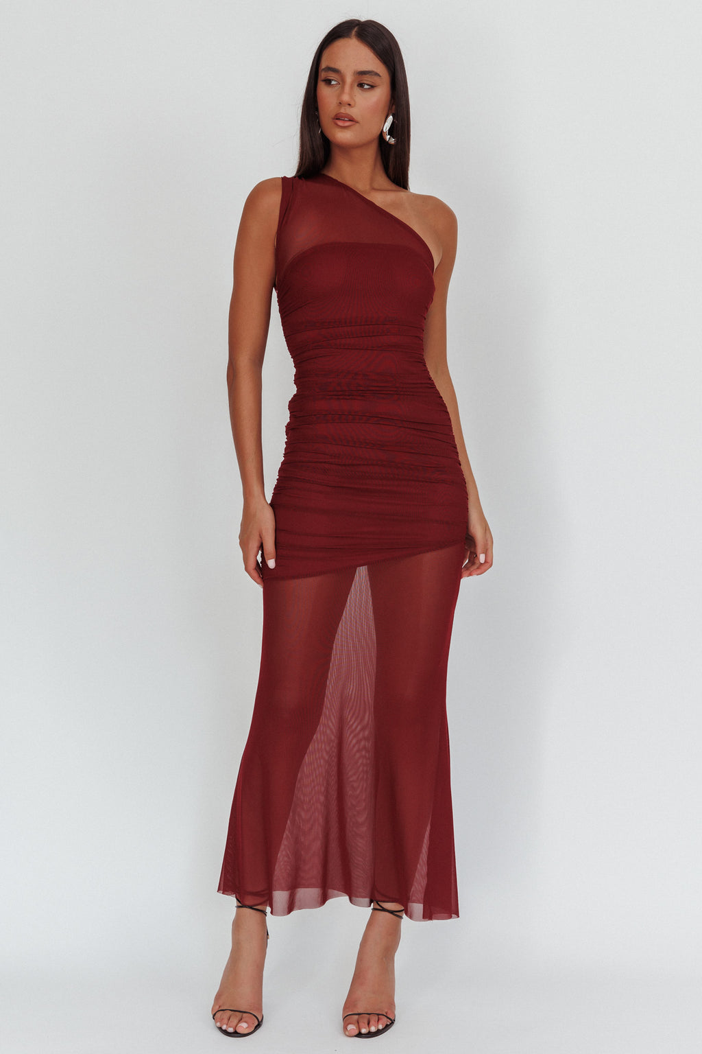 Verity One-Shoulder Sheer Maxi Dress Wine by Selfie Leslie Australia