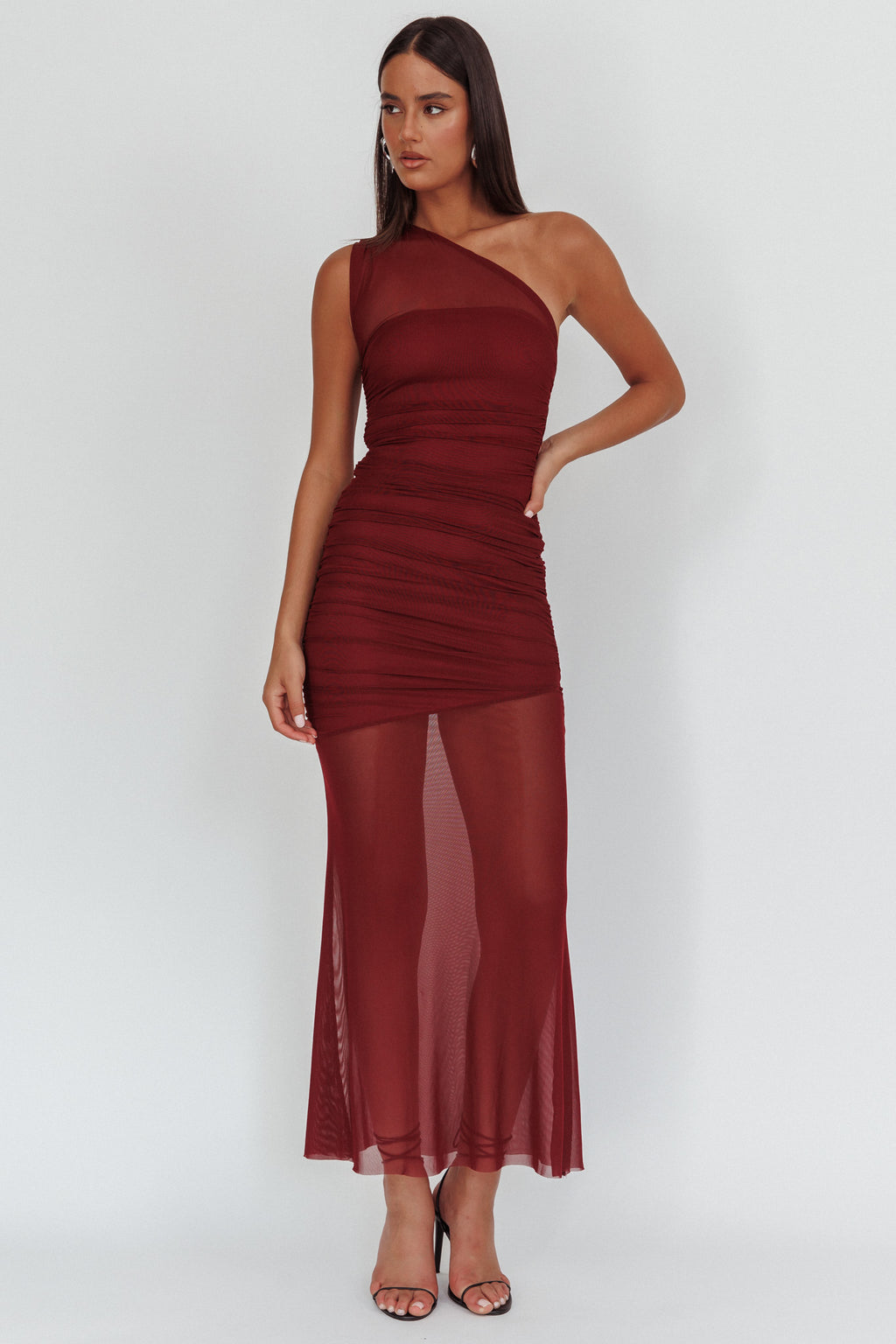 Verity One-Shoulder Sheer Maxi Dress Wine by Selfie Leslie Australia