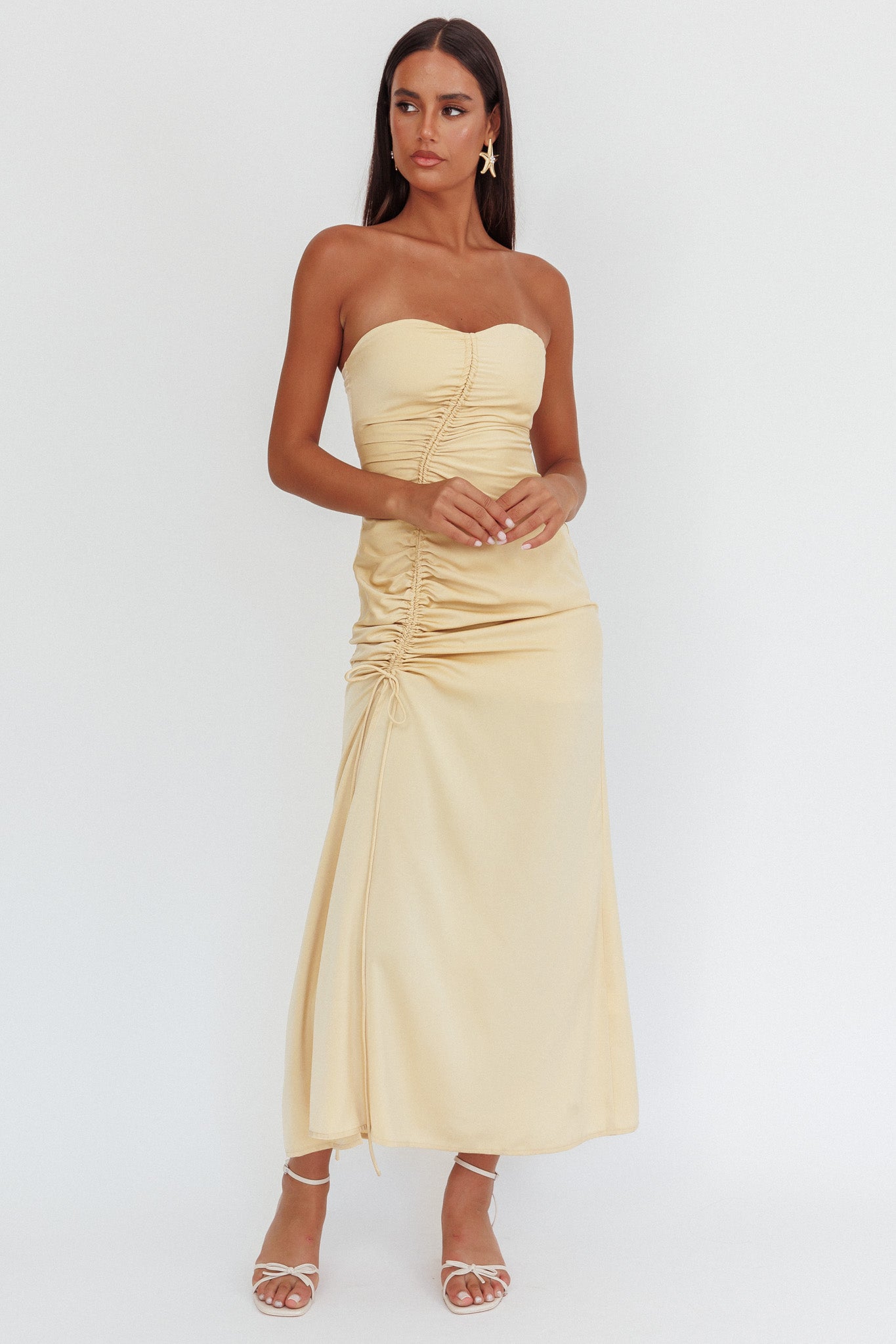 Molinda Strapless Ruched Drawstring Maxi Dress Golden by Selfie Leslie Australia