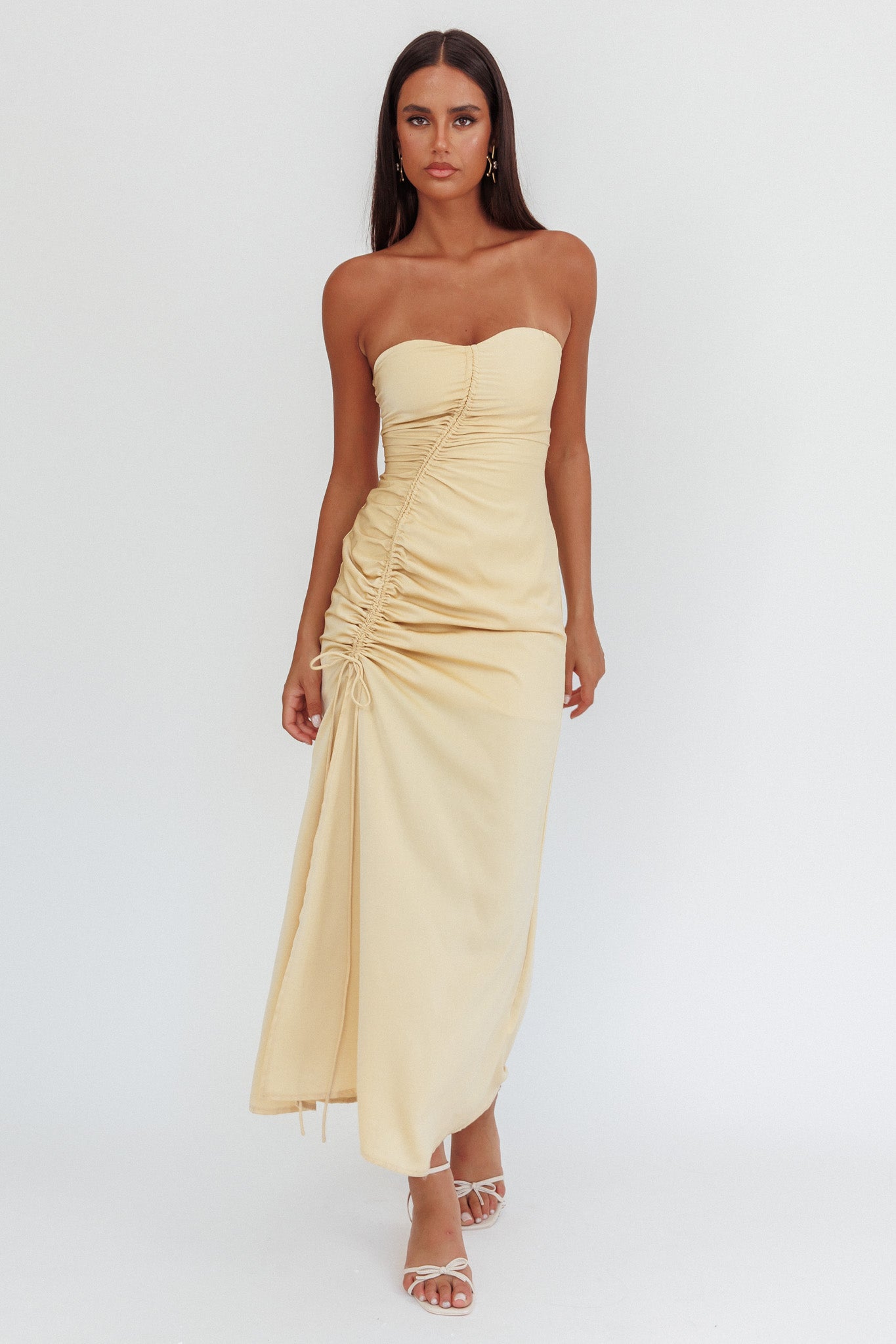 Molinda Strapless Ruched Drawstring Maxi Dress Golden by Selfie Leslie Australia