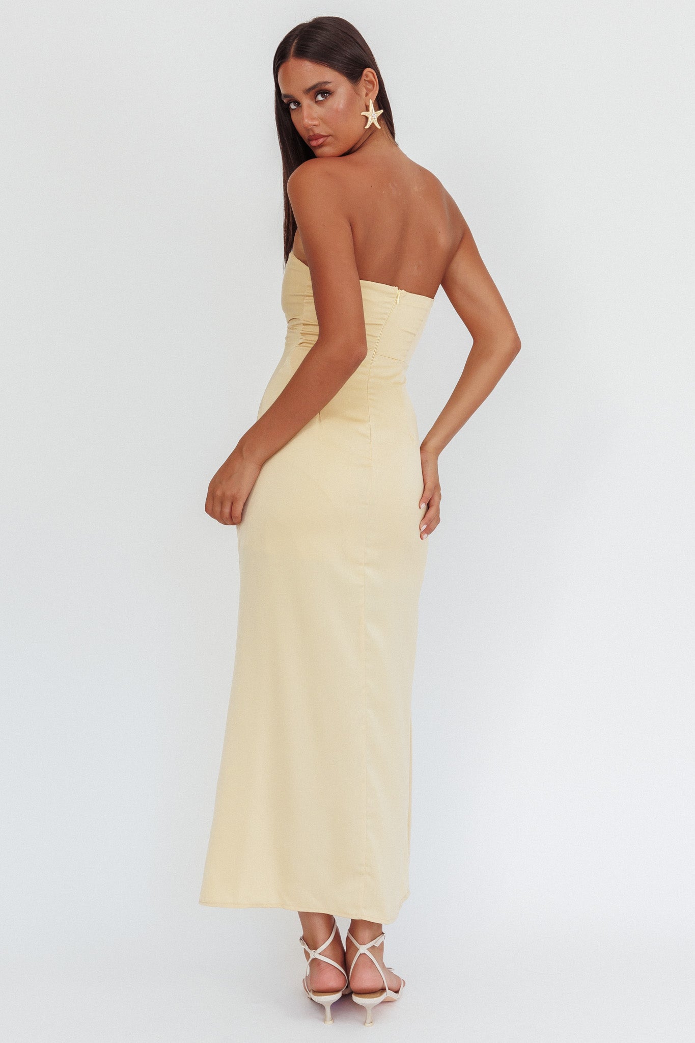 Molinda Strapless Ruched Drawstring Maxi Dress Golden by Selfie Leslie Australia