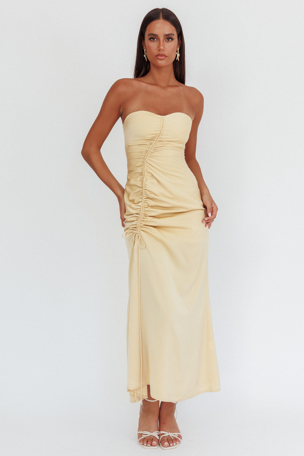 Molinda Strapless Ruched Drawstring Maxi Dress Golden by Selfie Leslie Australia