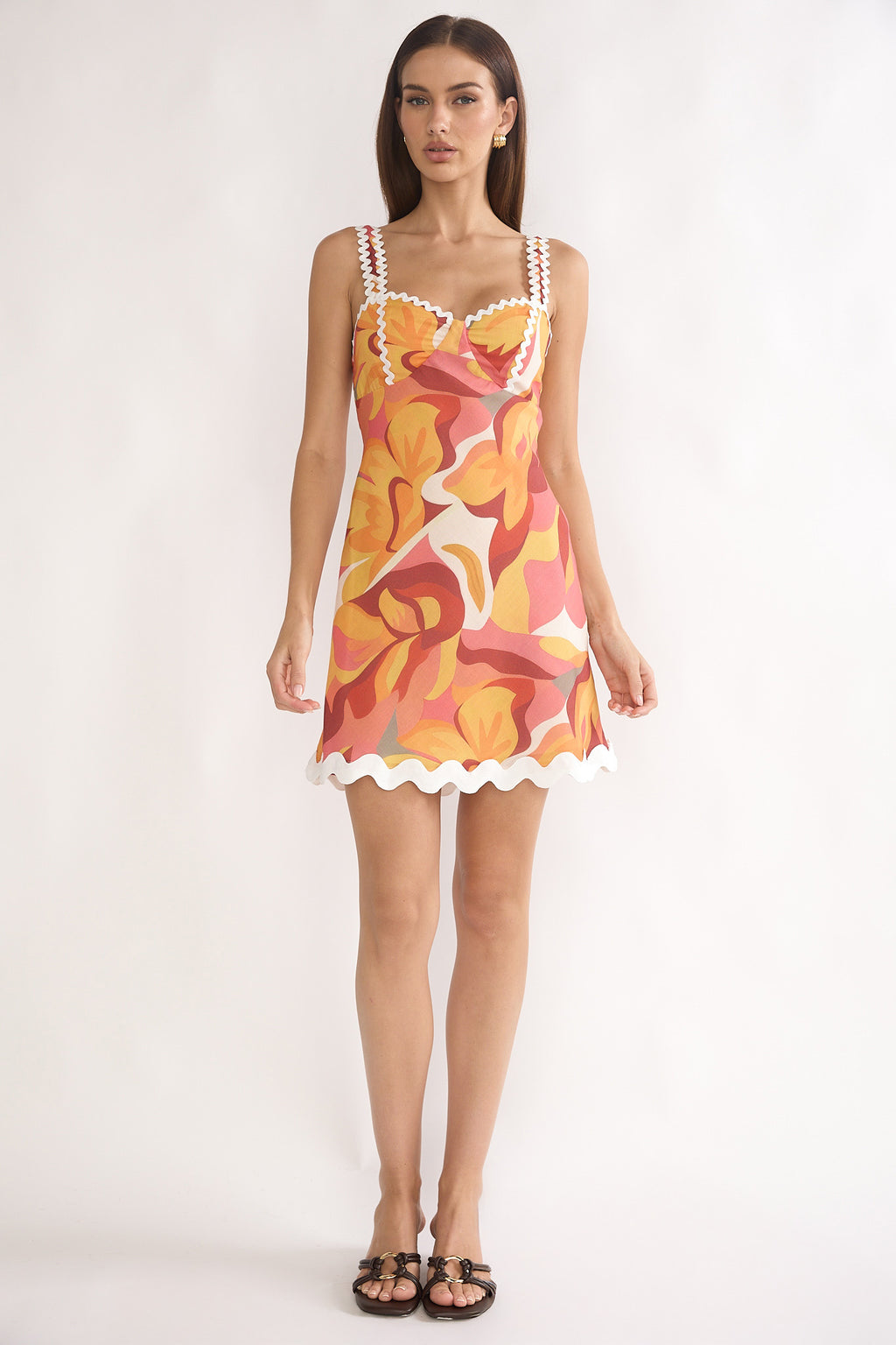 Meadows Ric Ric Trim Mini Dress Print Orange by Selfie Leslie Australia