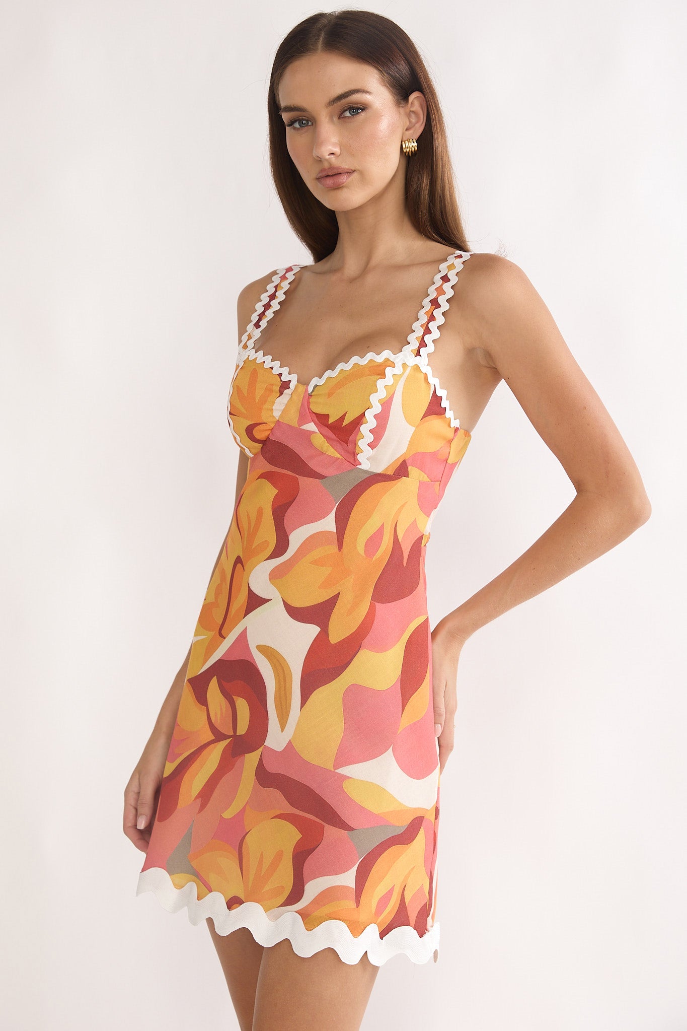 Meadows Ric Ric Trim Mini Dress Print Orange by Selfie Leslie Australia