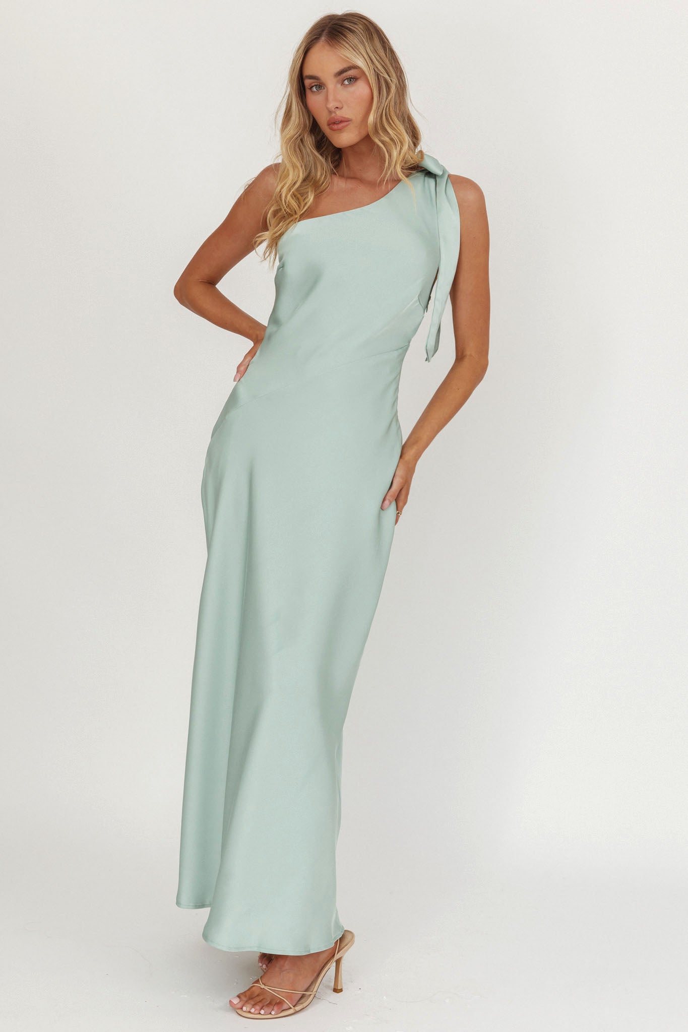 Robertah One-Shoulder Bow Maxi Dress Sage by Selfie Leslie Australia