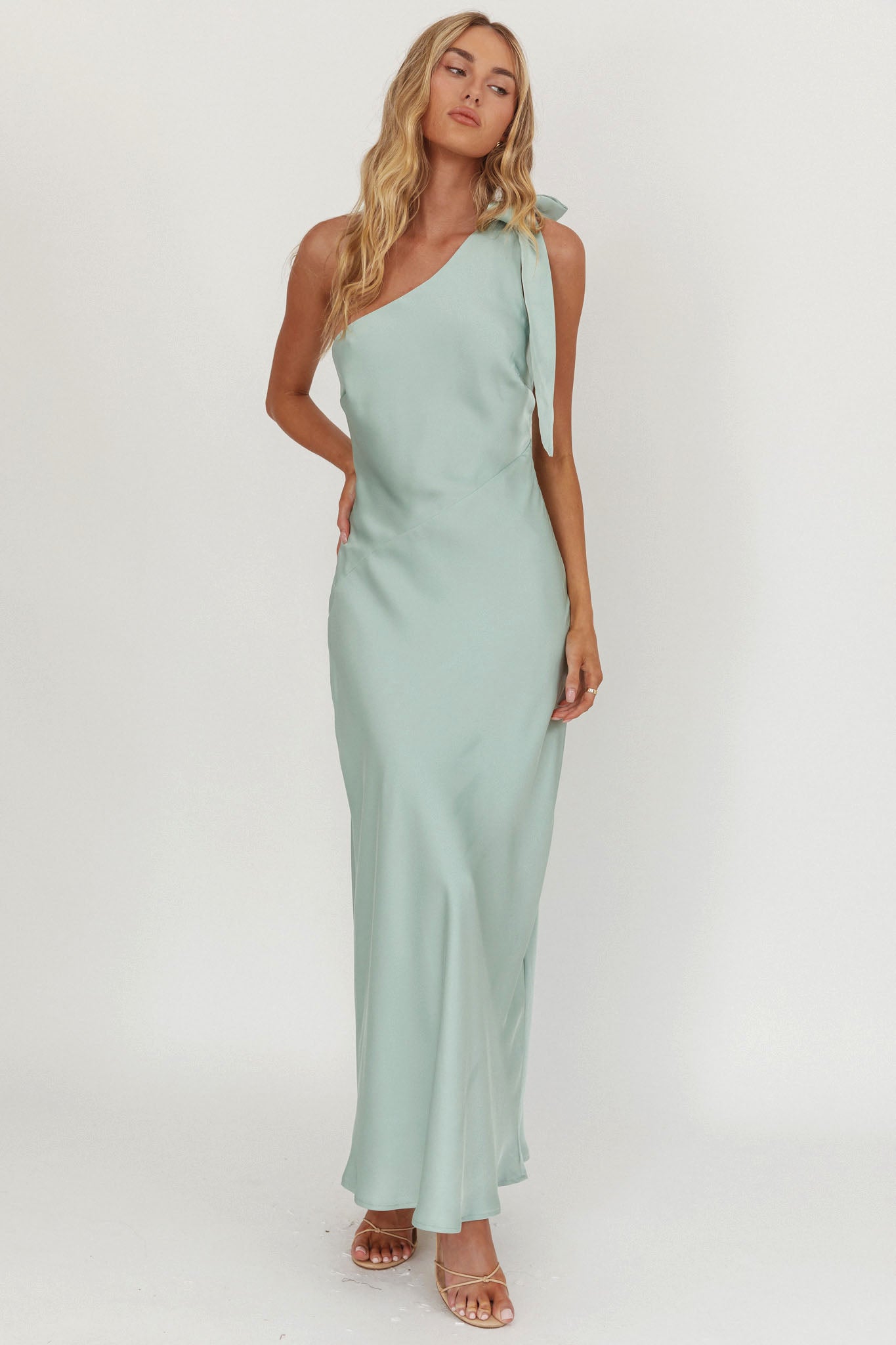 Robertah One-Shoulder Bow Maxi Dress Sage by Selfie Leslie Australia