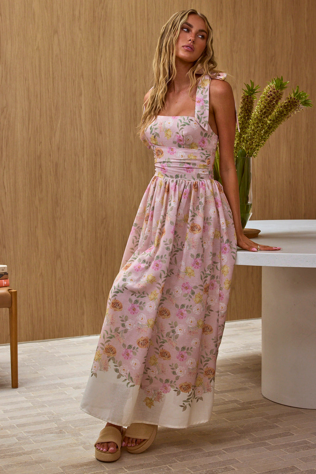 Dua Tied Shoulder Maxi Dress Floral Peach by Selfie Leslie Australia