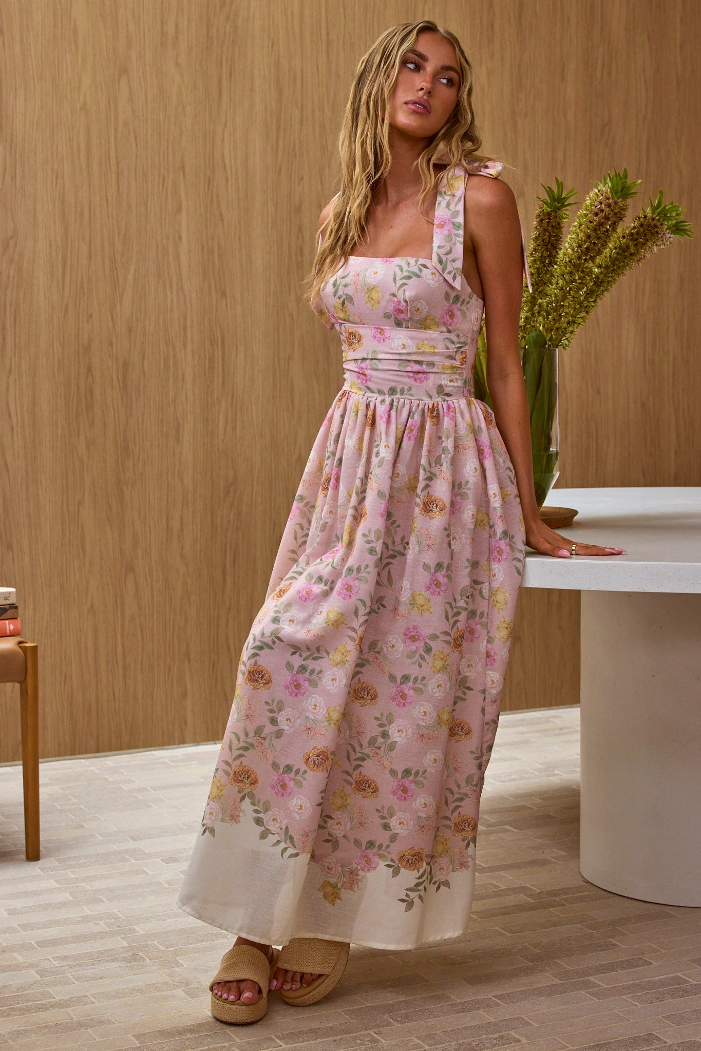 Dua Tied Shoulder Maxi Dress Floral Peach by Selfie Leslie Australia