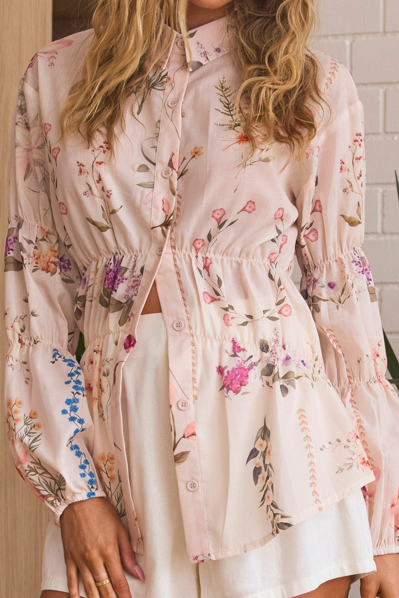 Mirrie Long Sleeve Button Down Top Floral Cream by Selfie Leslie Australia