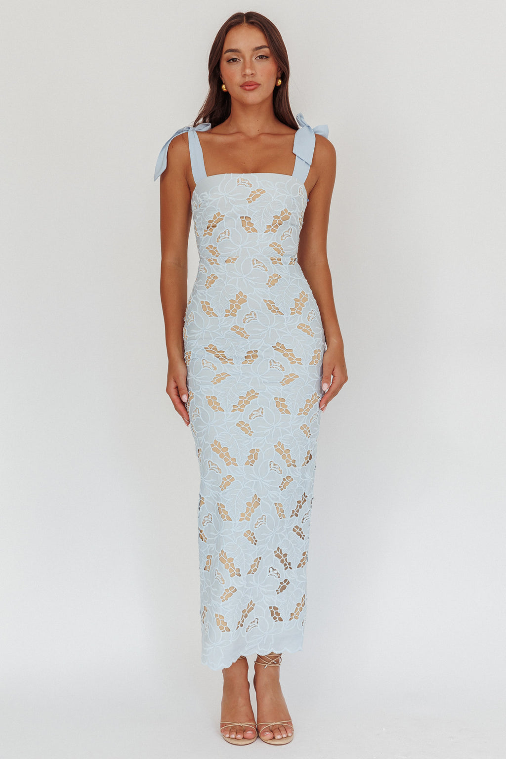 Coastal Bloom Tied Shoulder Maxi Dress Embroidered Baby Blue by Selfie Leslie Australia