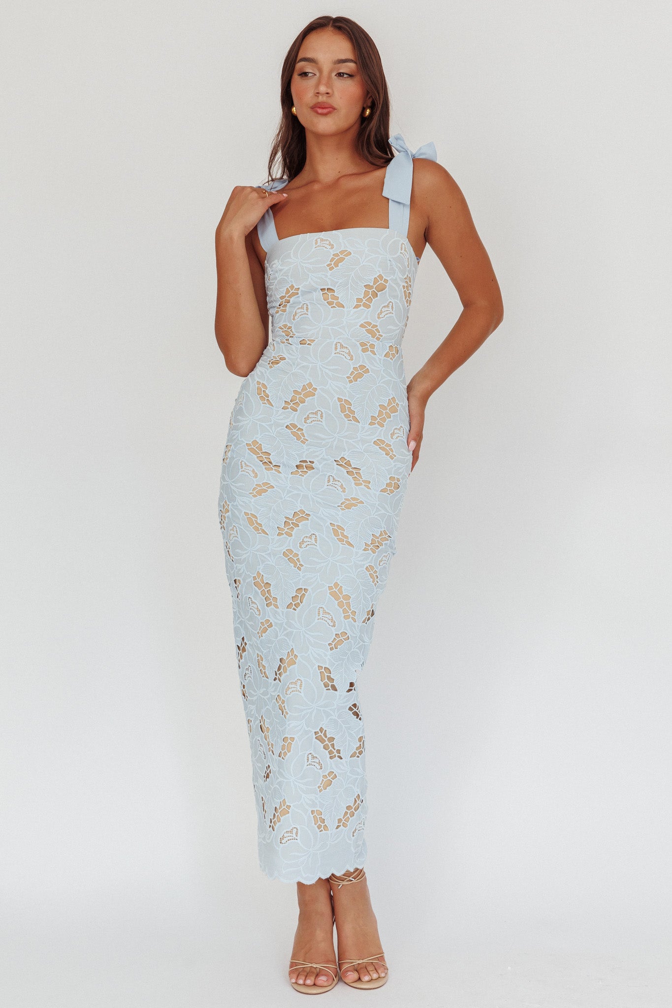 Coastal Bloom Tied Shoulder Maxi Dress Embroidered Baby Blue by Selfie Leslie Australia