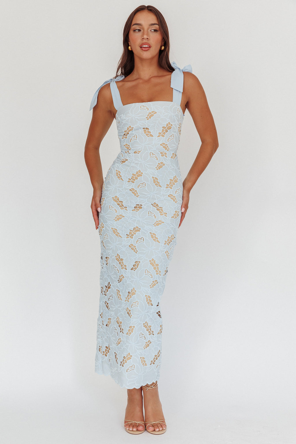 Coastal Bloom Tied Shoulder Maxi Dress Embroidered Baby Blue by Selfie Leslie Australia