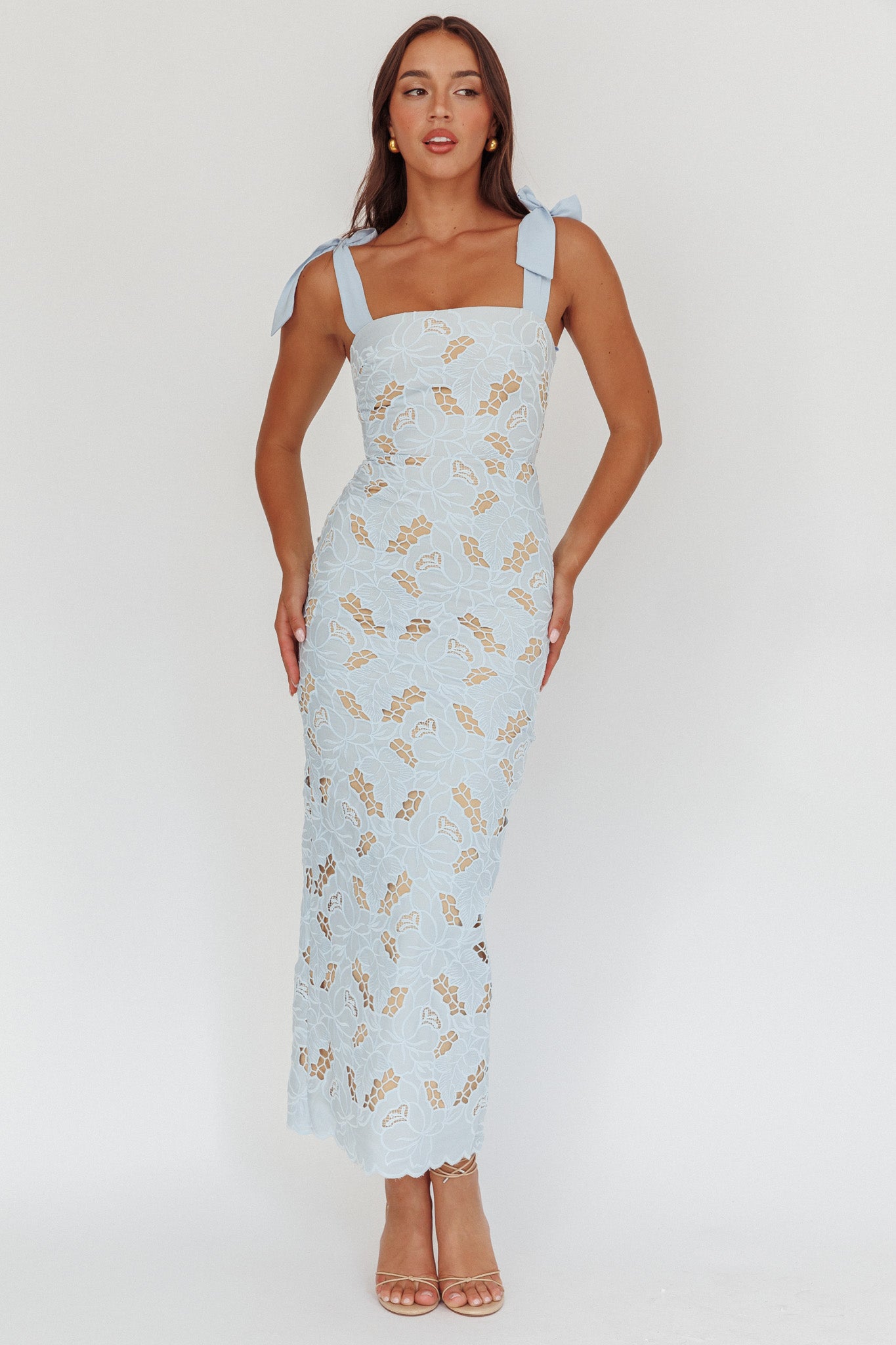 Coastal Bloom Tied Shoulder Maxi Dress Embroidered Baby Blue by Selfie Leslie Australia