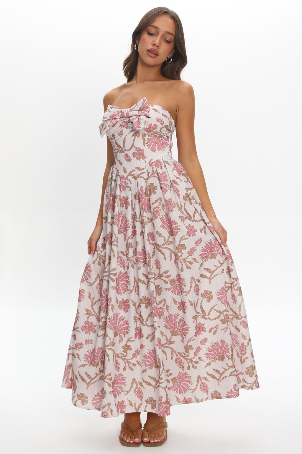 Summer Field Bow Bust Maxi Dress Floral Beige by Selfie Leslie Australia