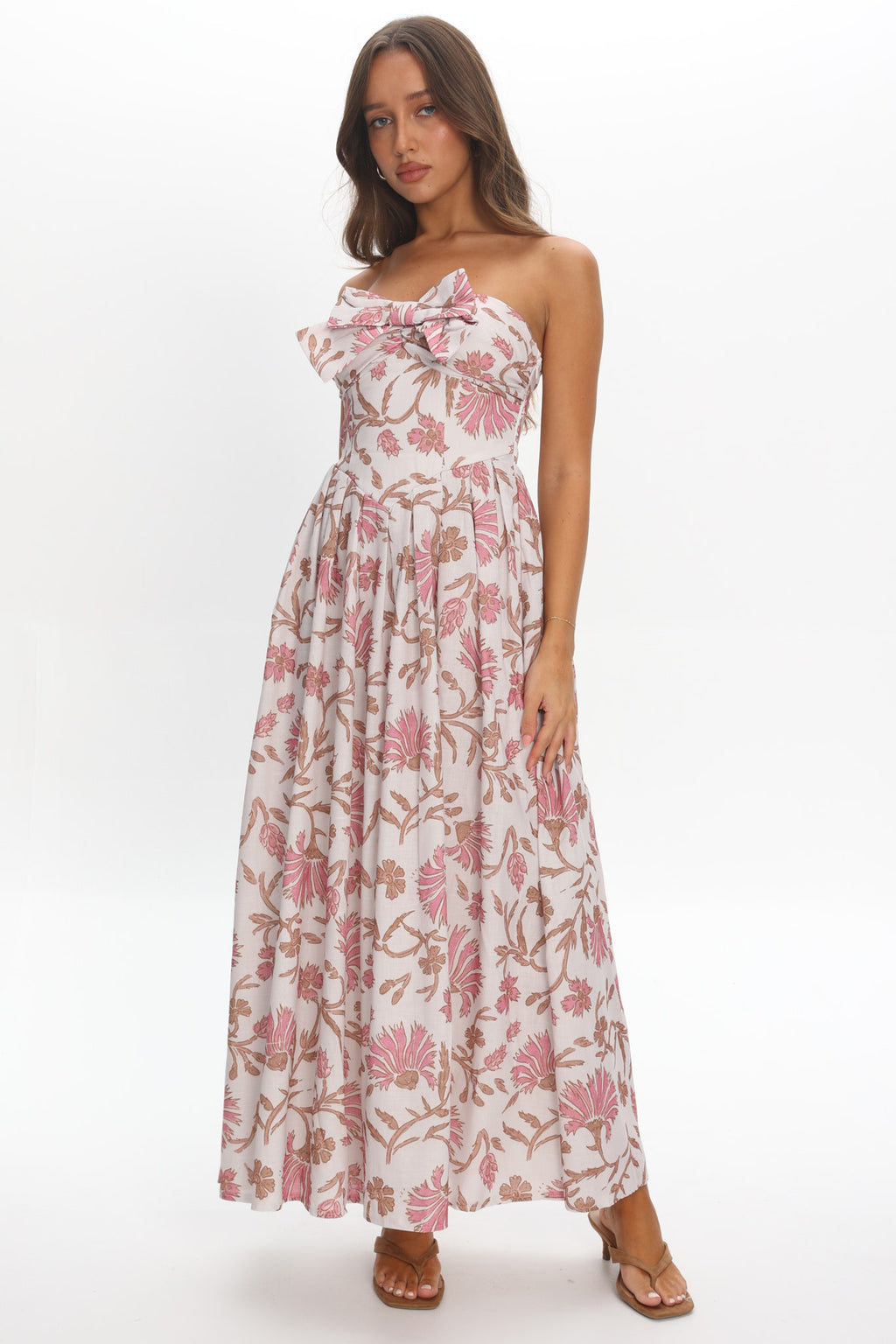 Summer Field Bow Bust Maxi Dress Floral Beige by Selfie Leslie Australia